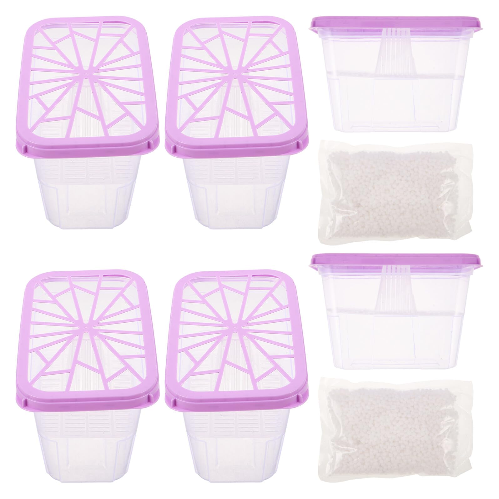 Caja Deshumidificadora Reutilizable Cuadrada Morada 6 Unidades con Recambio de Perlas 200 G para Armarios Hogar y Almacenamiento Control de Humedad y Ecológico