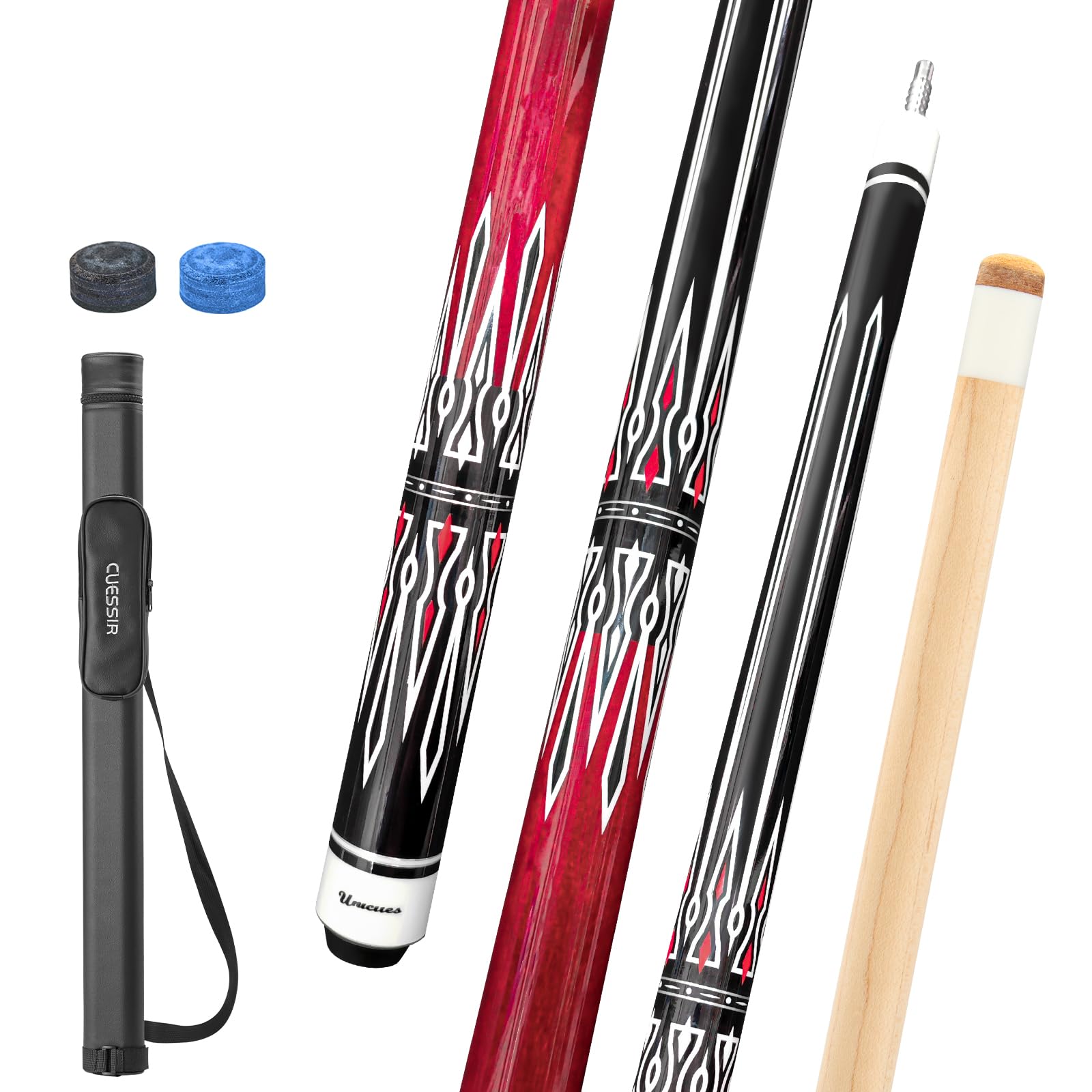 Unicues Premium Maple Wood Pool Cue Stick with Case, 58″ Professional Cue Stick for Billiards with 12.5mm Tip, Grade A Canadian Maplewood Cue with Decal Design (Style 1, 19oz)