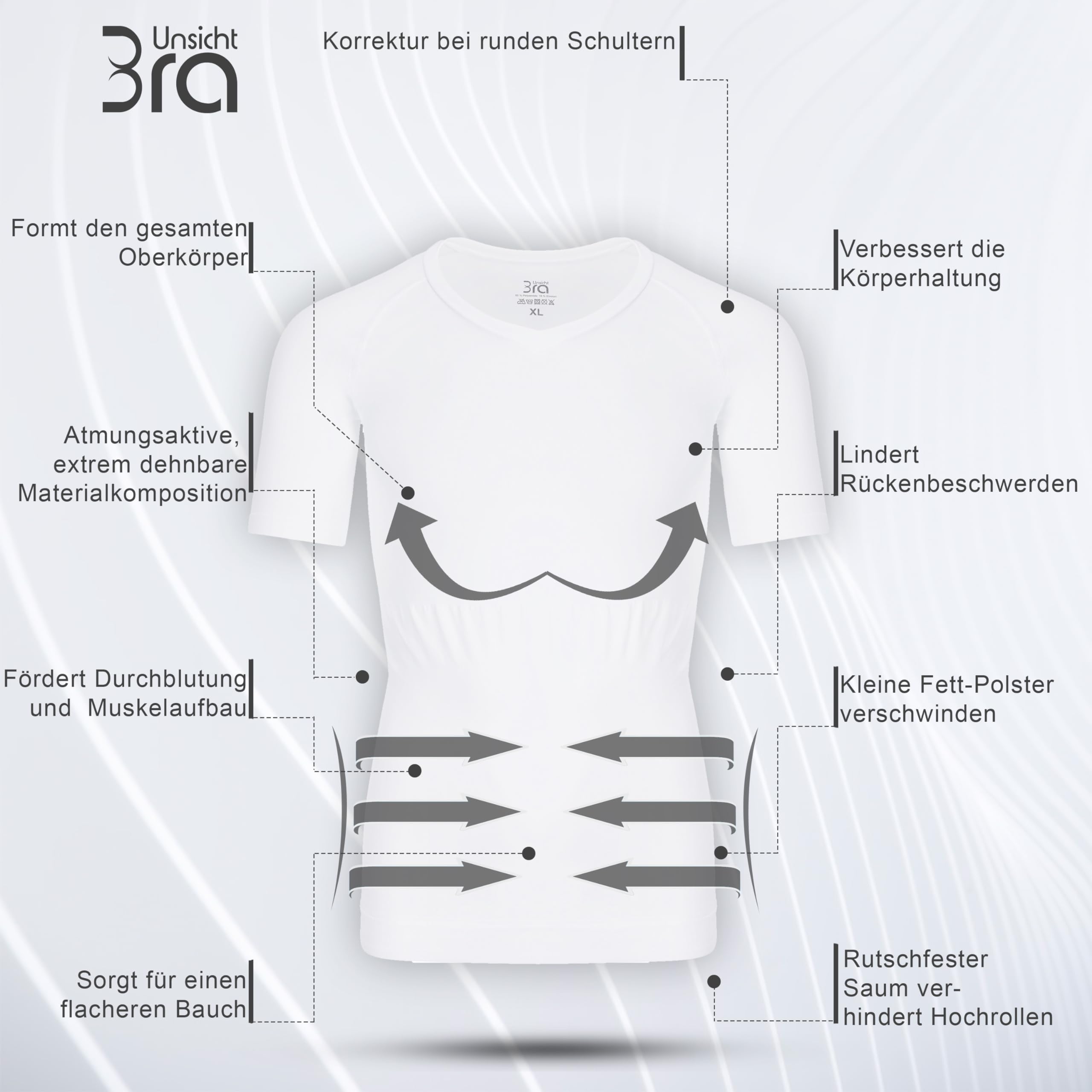 UnsichtBra Shapewear V - Ausschnitt Kurzarm Unterhemd Herren | Body Shaper Funktionsshirt Herren | Bauchweg Kompressionsshirt Unterziehshirt Weiss