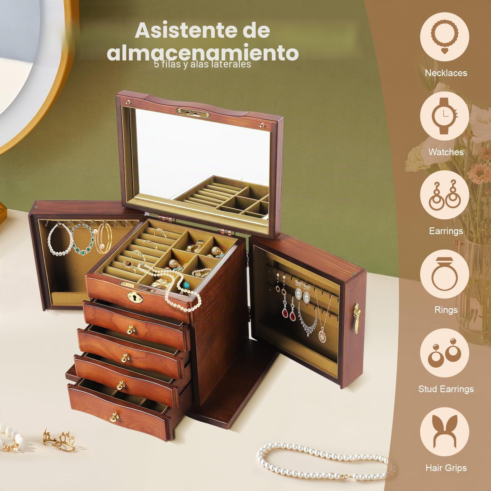 Joyero retro de 5 capas, joyero de madera marrón, organizador para mujeres con espejo y 4 cajones, gran capacidad