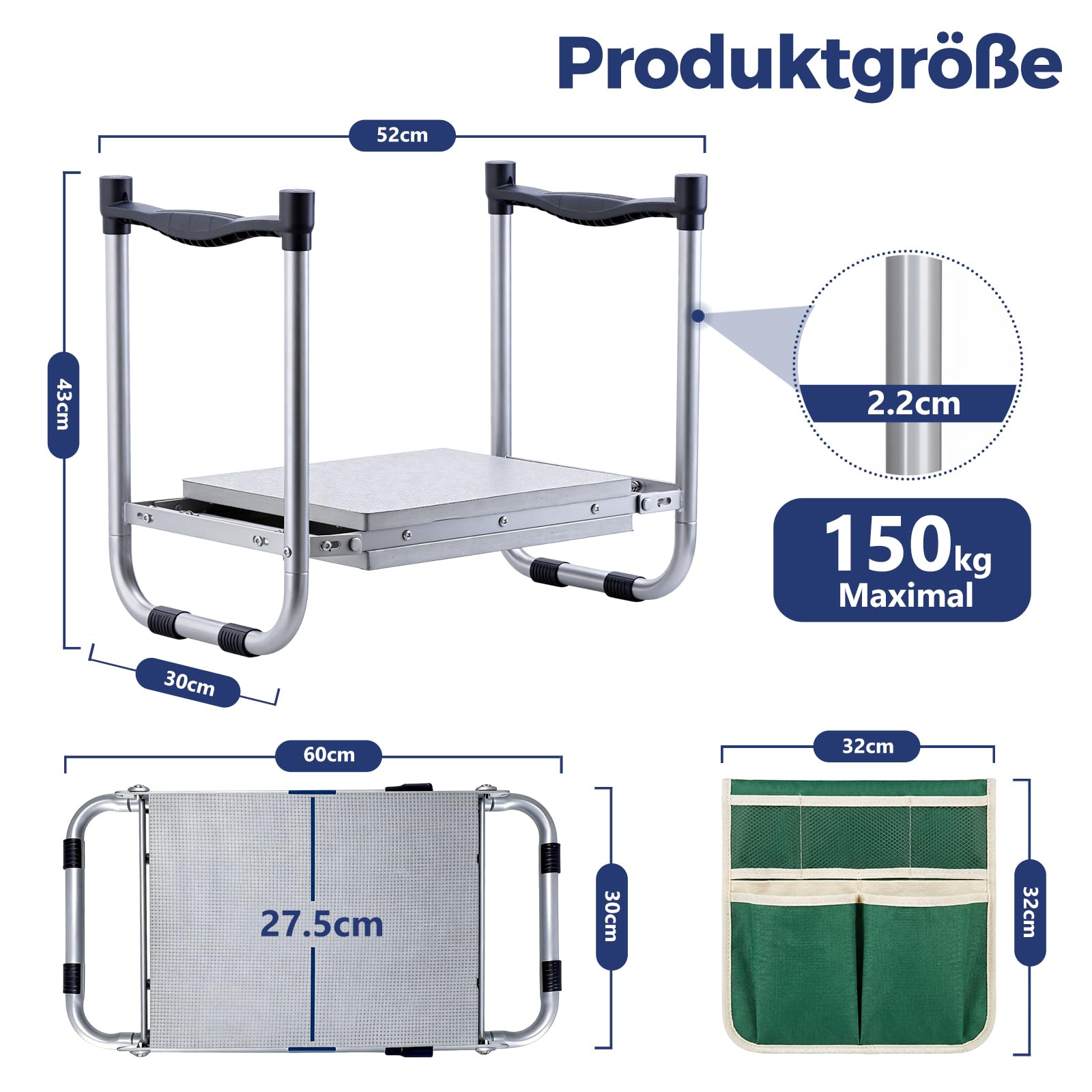 Garten-Kniebank, verbessertes rutschfestes Design & 27,5 cm Kniekissen – klappbar & tragbar, Kniehilfe für Gartenarbeit (bis 150kg), 1 Tasche, HBT 52x28x45cm Grün