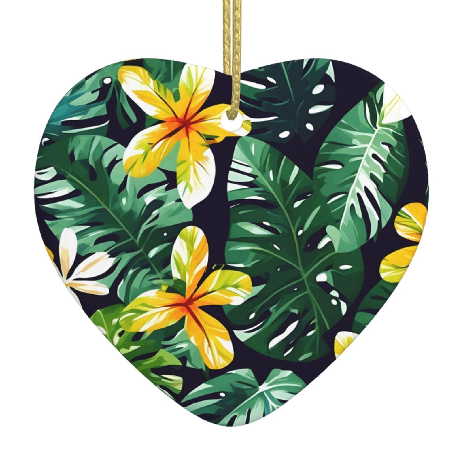 Nbtghga White Hawaiian Tropical Leaves Flowers Print Christmas Ornaments, Ceramic Hanging Ornament, Xmas Tree Decoration, Holiday Home Decor