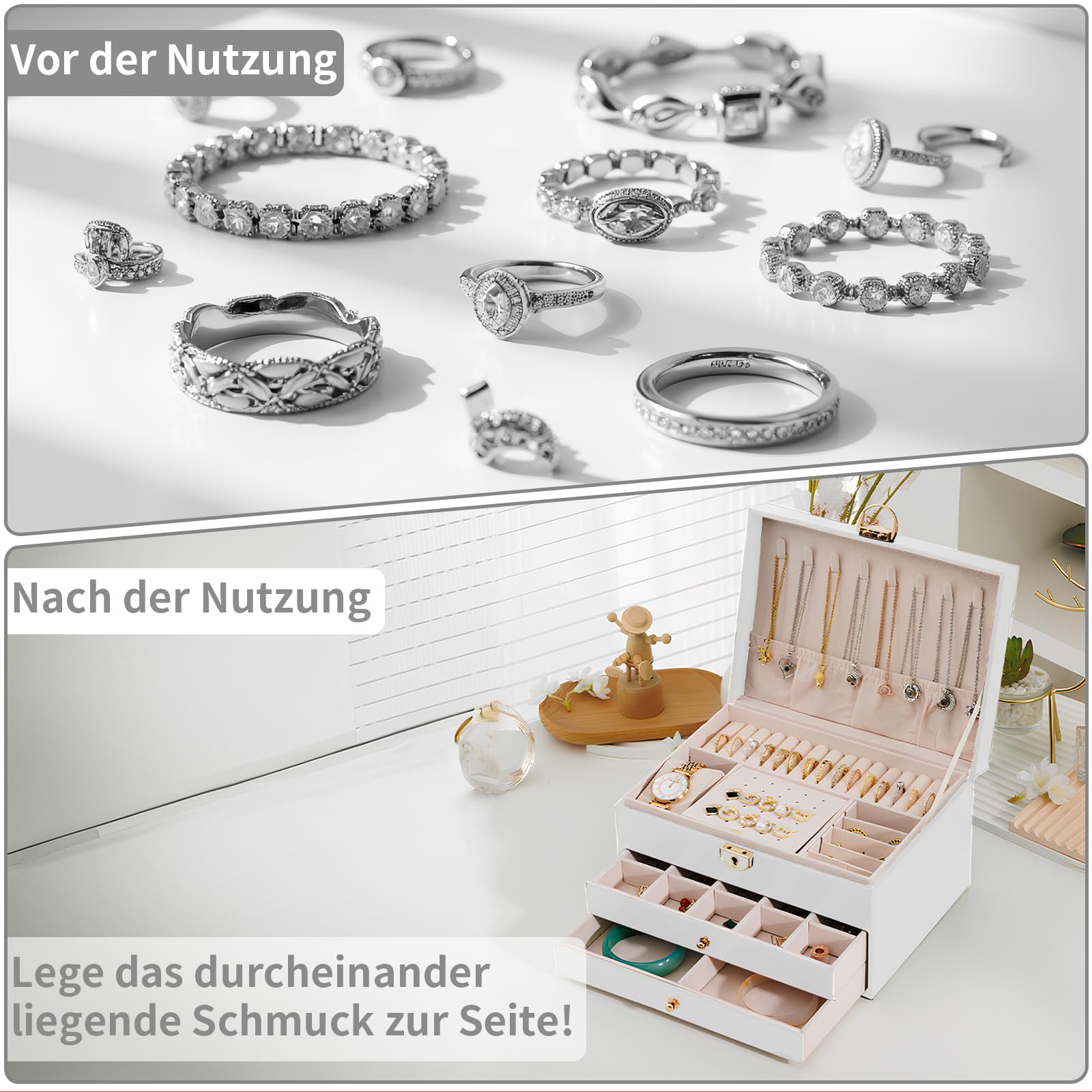 Schmuckaufbewahrung 3 Ebenen, Stapelbar Schmuckaufbewahrung, 2 Schubladen 23 * 17 * 13.5 CM (Perlweiß)