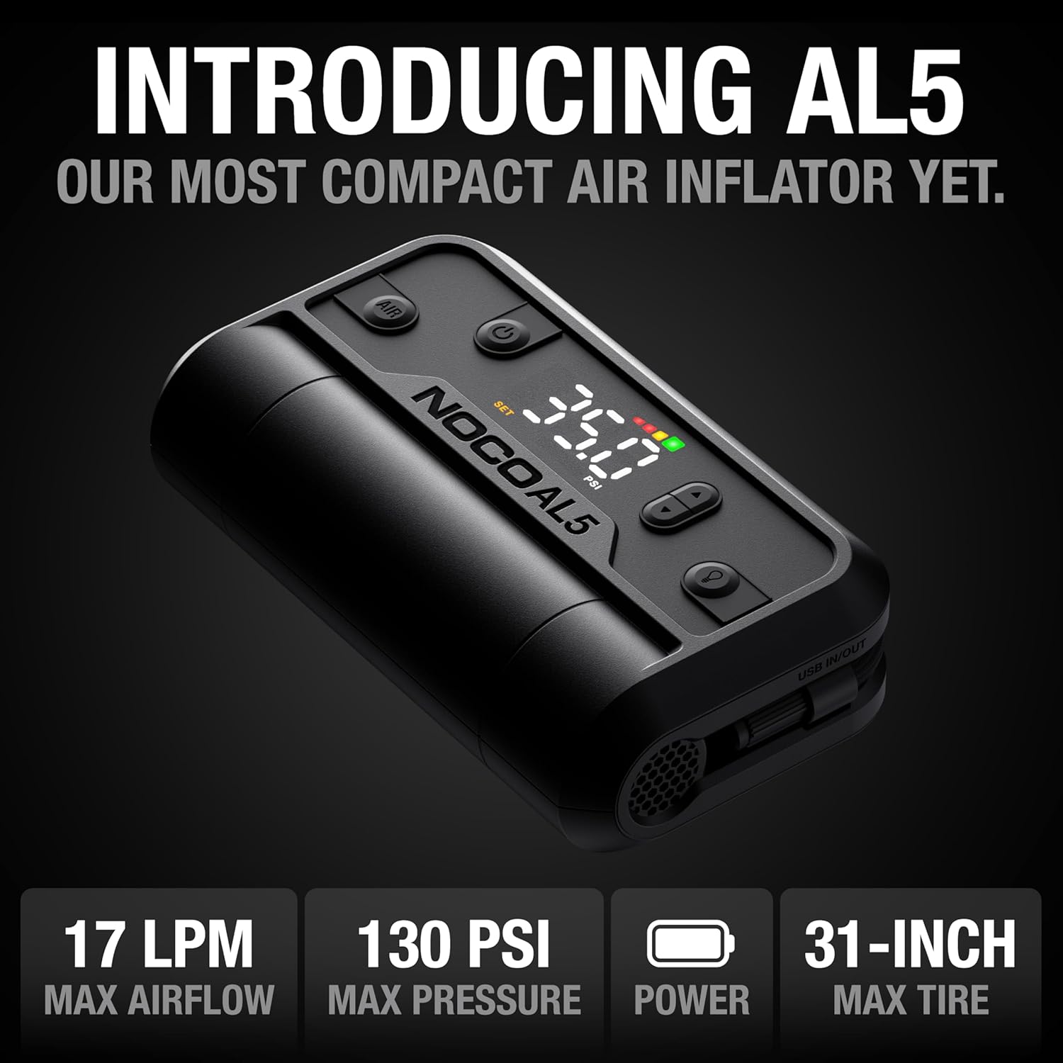 NOCO Air AL5: UltraFast 5A Cordless Tire Inflator – Portable Battery-Powered Air Compressor Pump – 17 SLPM Airflow Inflates 0–40 PSI in 7 Minutes – Digital Gauge + Auto-Shutoff - Image 2