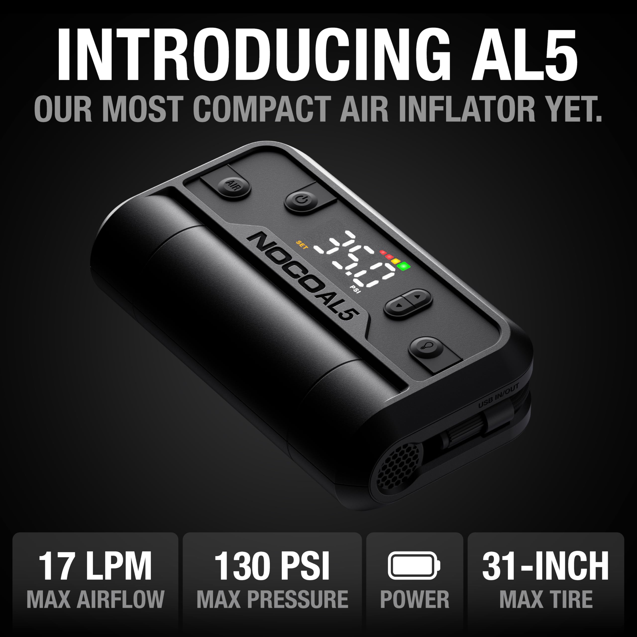 NOCO Air AL5: Cordless Tyre Inflator – Portable Rechargeable Air Compressor with USB-C – 17 LPM Inflates 0–40 PSI in 7 Minutes – Digital Gauge + Auto-Shutoff – for Tyres up to 31-Inches - 2