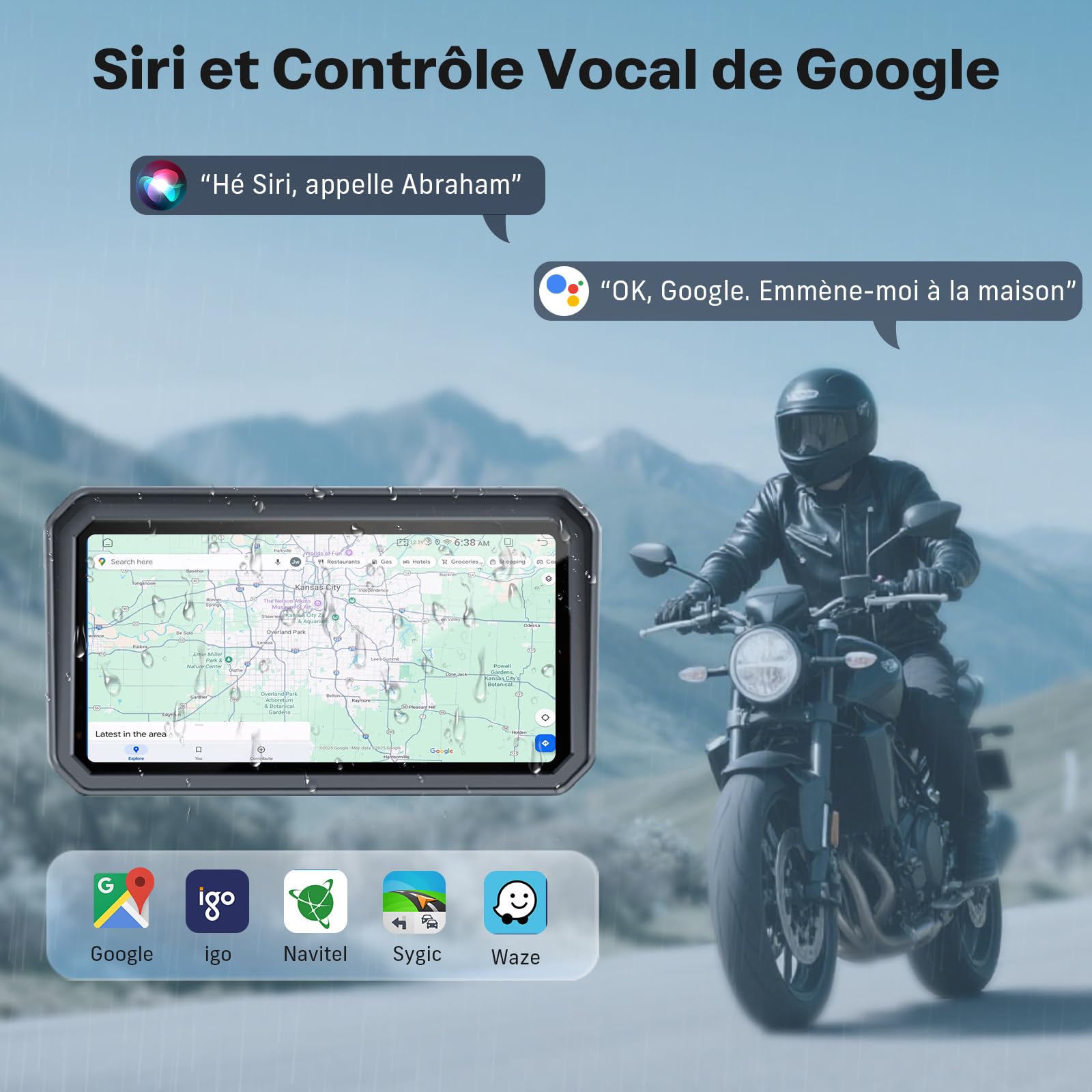 WonVon CarPlay 6.25 Pouces Système de Navigation GPS pour Moto avec Apple CarPlay et Android Auto écran Portable avec Double Bluetooth, Navigation, Siri, Google Assistant Support magnétique