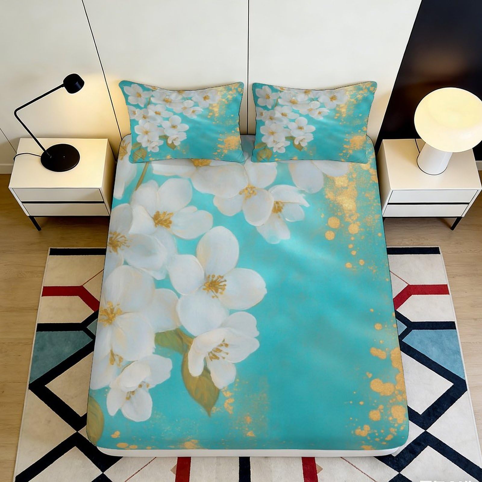 Uxinyoume Style-3 3D Printed Blue Blossom Fitted Sheet Microfiber Soft Floral Gold Accent Mattress Cover For Bedroom Guest Room 90X200x25cm