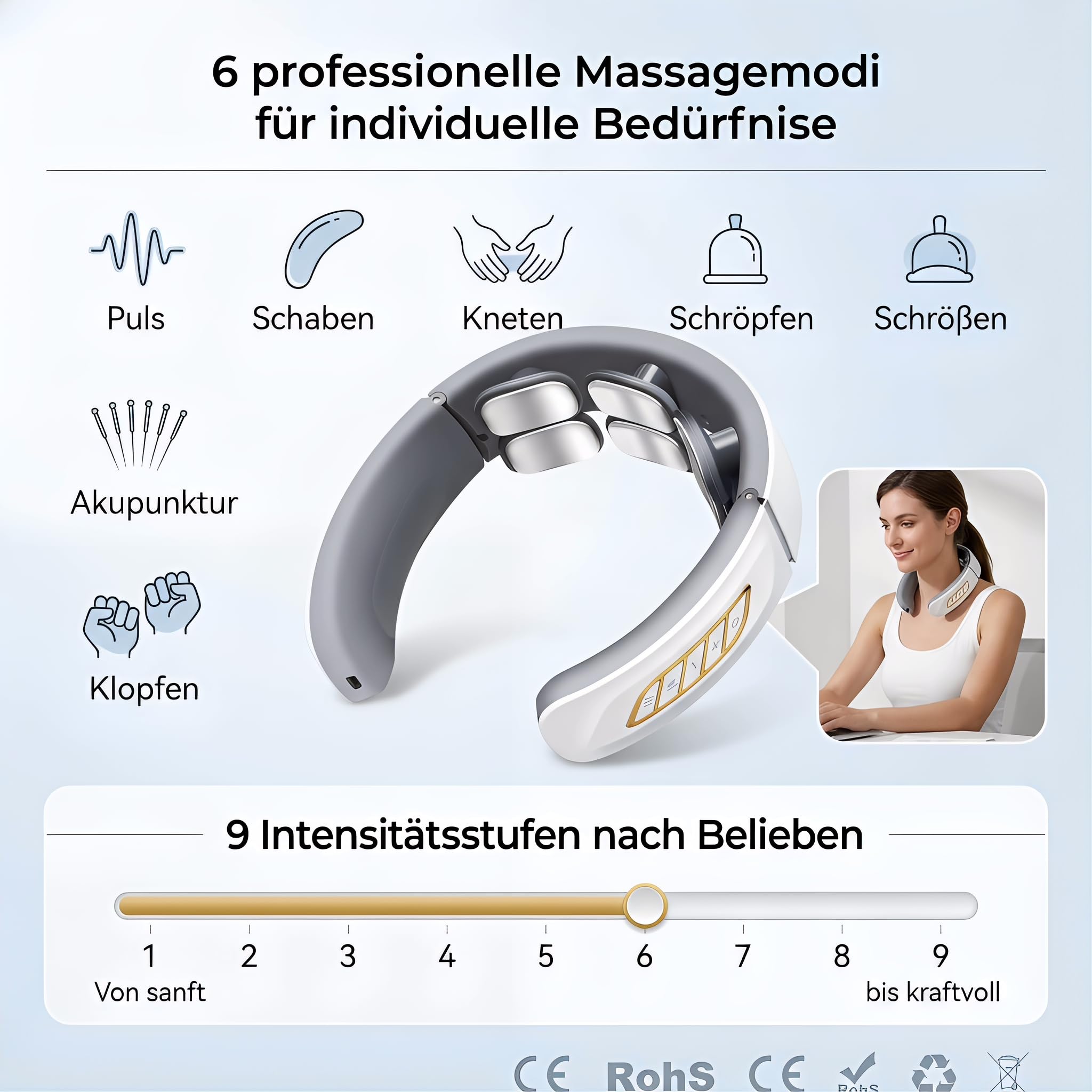 Nackenmassagegerät mit Wärme, 11-In-1 Nackenlösung mit 6 Elektrotherapie-Köpfen, 6 Modi 9 Intensitätsstufen, Elektrisches Nacken Massage für Büro Hause und Reise