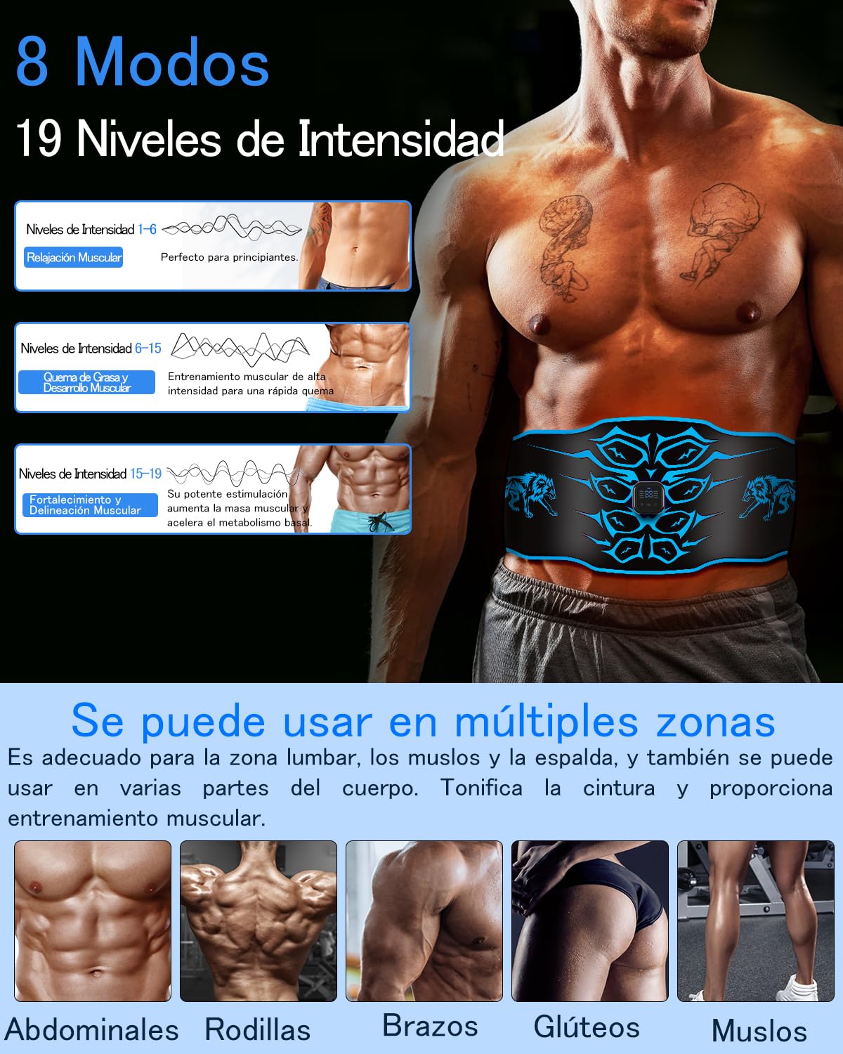 Electroestimulador Abdominal – Cinturón de entrenamiento abdominal lavable , 8 modos, 30 niveles , dispositivo de fitness portátil recargable , Adecuado para el hogar, la oficina, hombres y mujeres