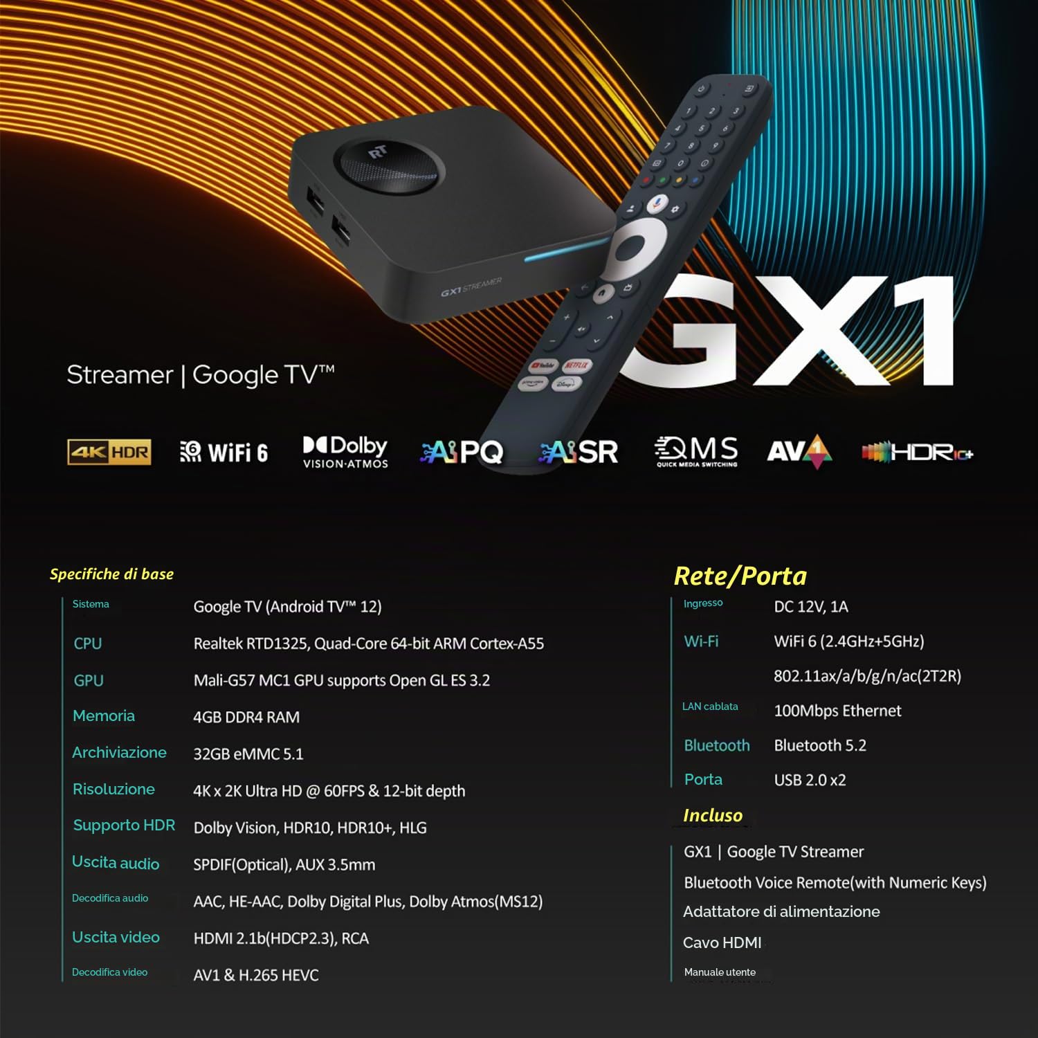 RockTek GX1 Google TV Box 4K, Android TV 12, 4 GB RAM, 32 GB eMMC, Wi-Fi 6 | Google TV Box 4K con Android TV 12, 4 GB RAM, 32 GB eMMC, Wi-Fi 6 e Dolby Atmos.