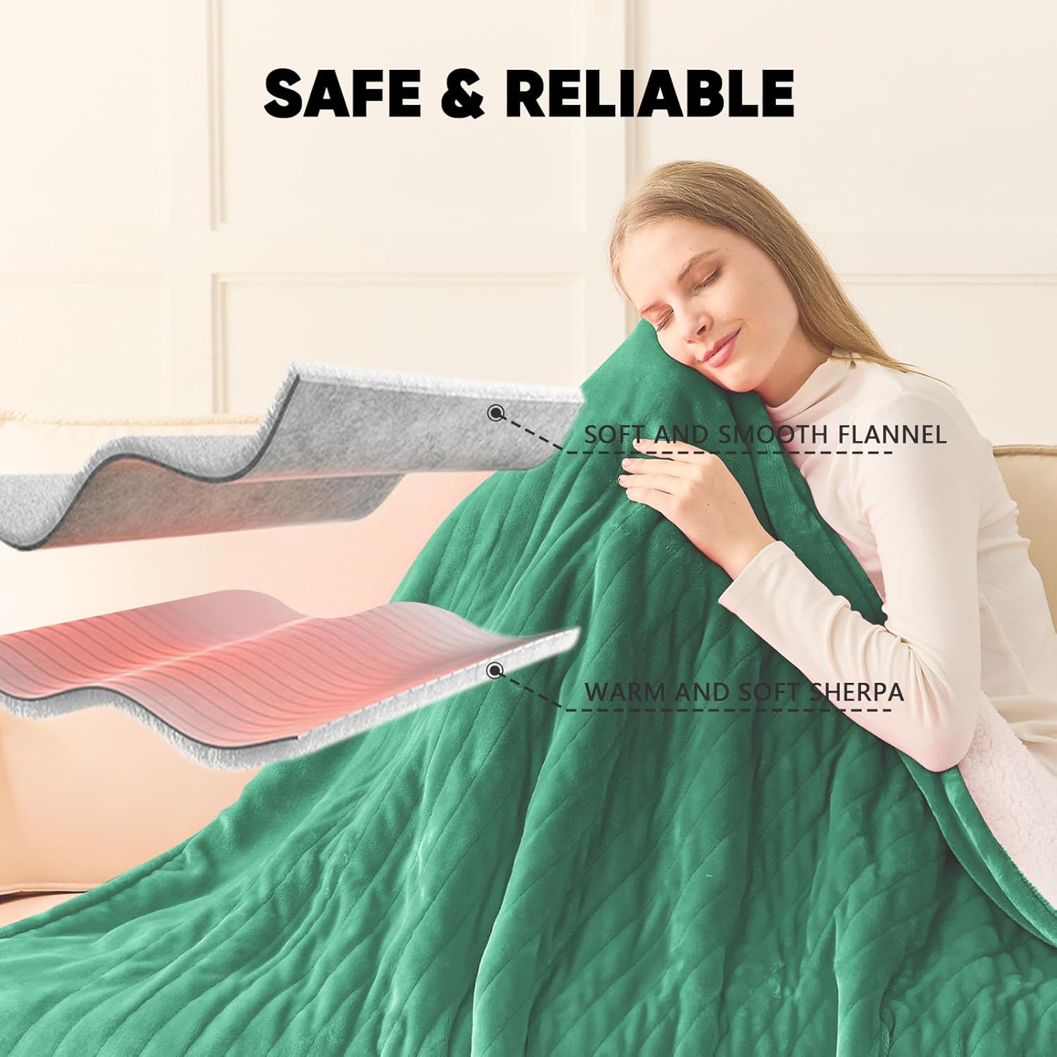 greenoak Heated Blanket Electric Full 72"X84", Heating Blanket with 10 Heat Levels 1/2/4/6/8 Hours Auto-Off, Fleece Soft Christmas Blanket,Gifts for Grandma Seniors Mom, Mint Green - Image 8