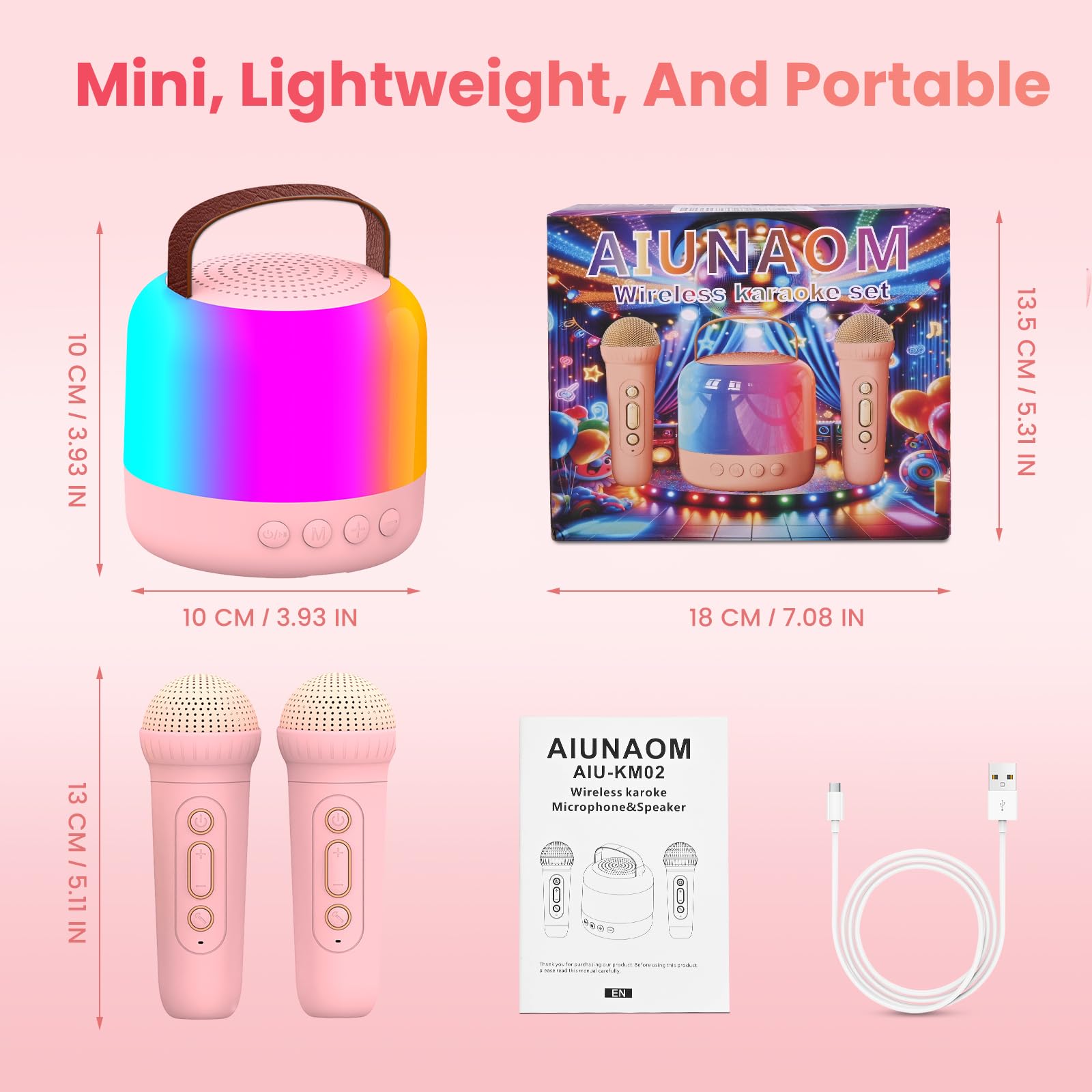 AIUNAOM Karaoke per Bambini con 2 Microfoni Senza Fili Bluetooth, Regalo Bambina 3-12 Anni, Luci LED ed Effetti di Cambio Voce Macchina per Karaoke Portatile Regalo Ragazza e Ragazzi Giocattoli