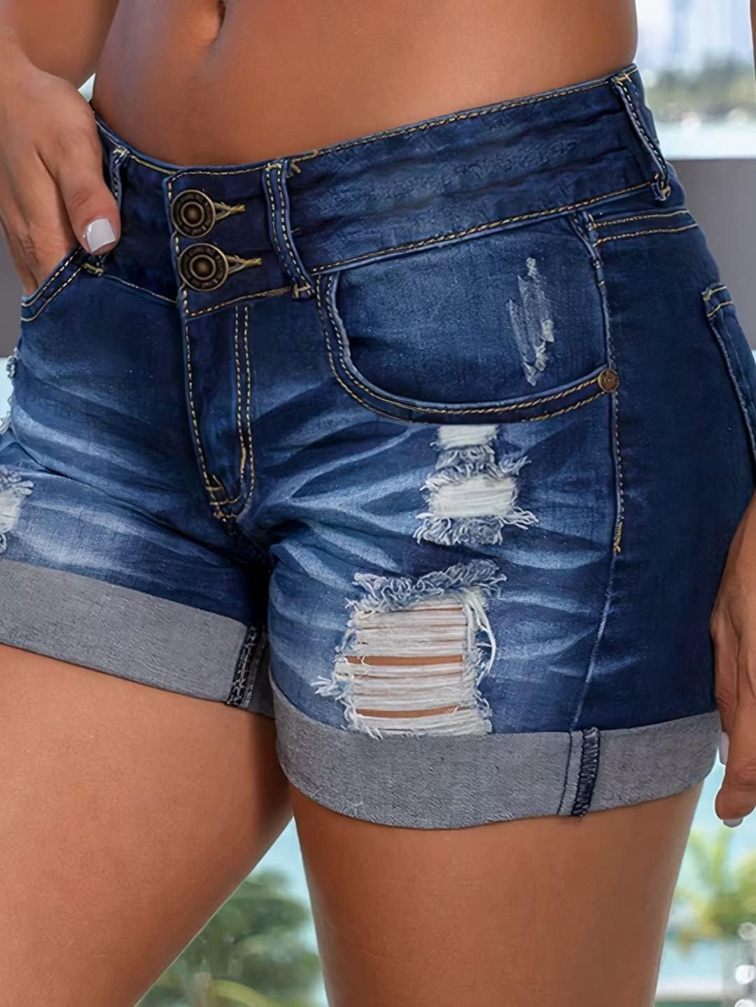 Flamingals Women' Distressed Cuff Hem Denim Mini Shorts Low Waist Casual Shorts - Image 2