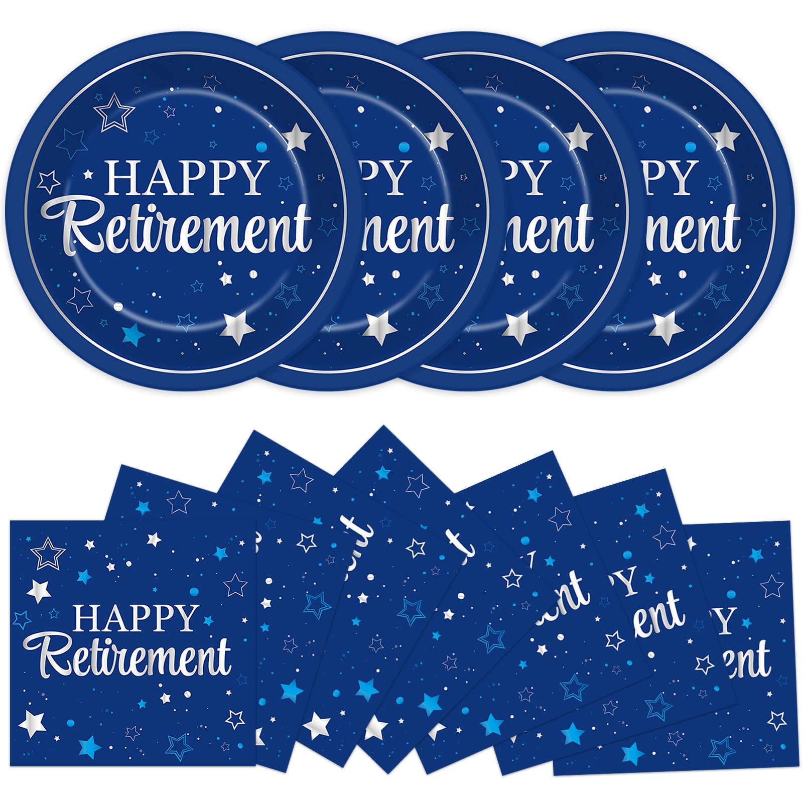 Qyeahkj 48Pcs Happy Retirement Paper Plates and Napkins Retired Party Decorations Farewell Party Supplies Blue Silver Disposable Paper Dessert