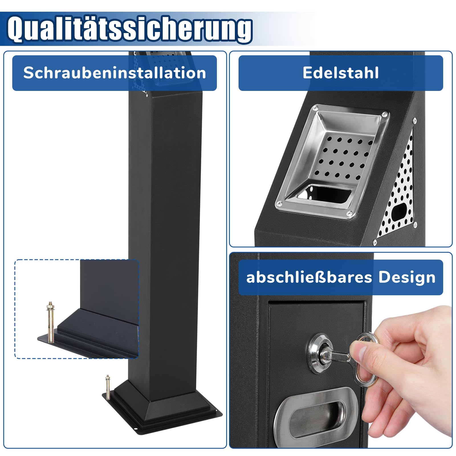 Cubo de basura comercial de acero inoxidable, cubo de basura vertical con llave, cubo de basura impermeable con interior de acero para hogar, oficina, parque, hotel, apartamentos, 118 × 27 × 27