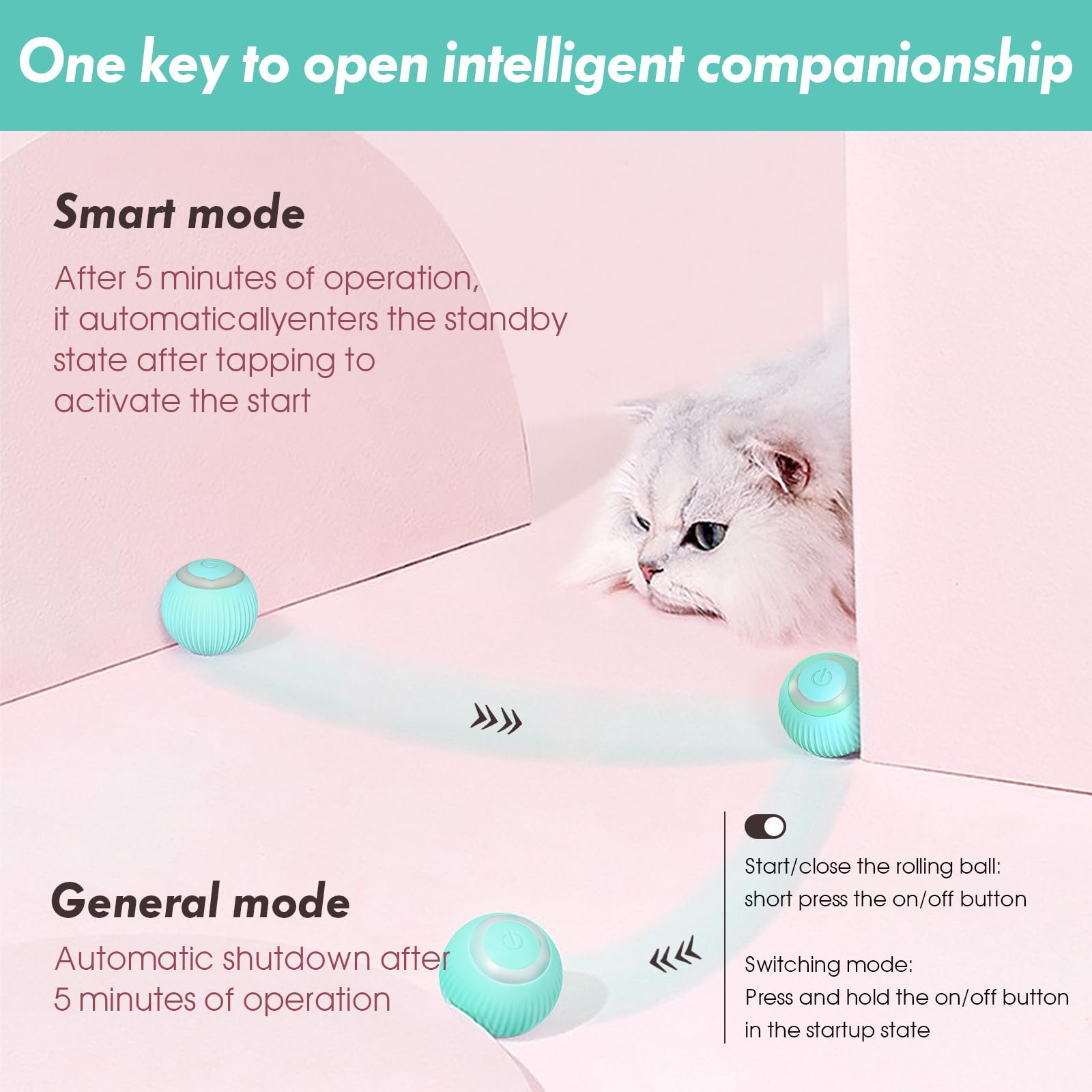NEOVSUNY Interactive Ball Toy for Cats, Ball with LED Light, Intelligent Cat Toy Indoor Automatic Rolling for Dogs, Kittens, Automatic Rotation 360 Degrees and 2