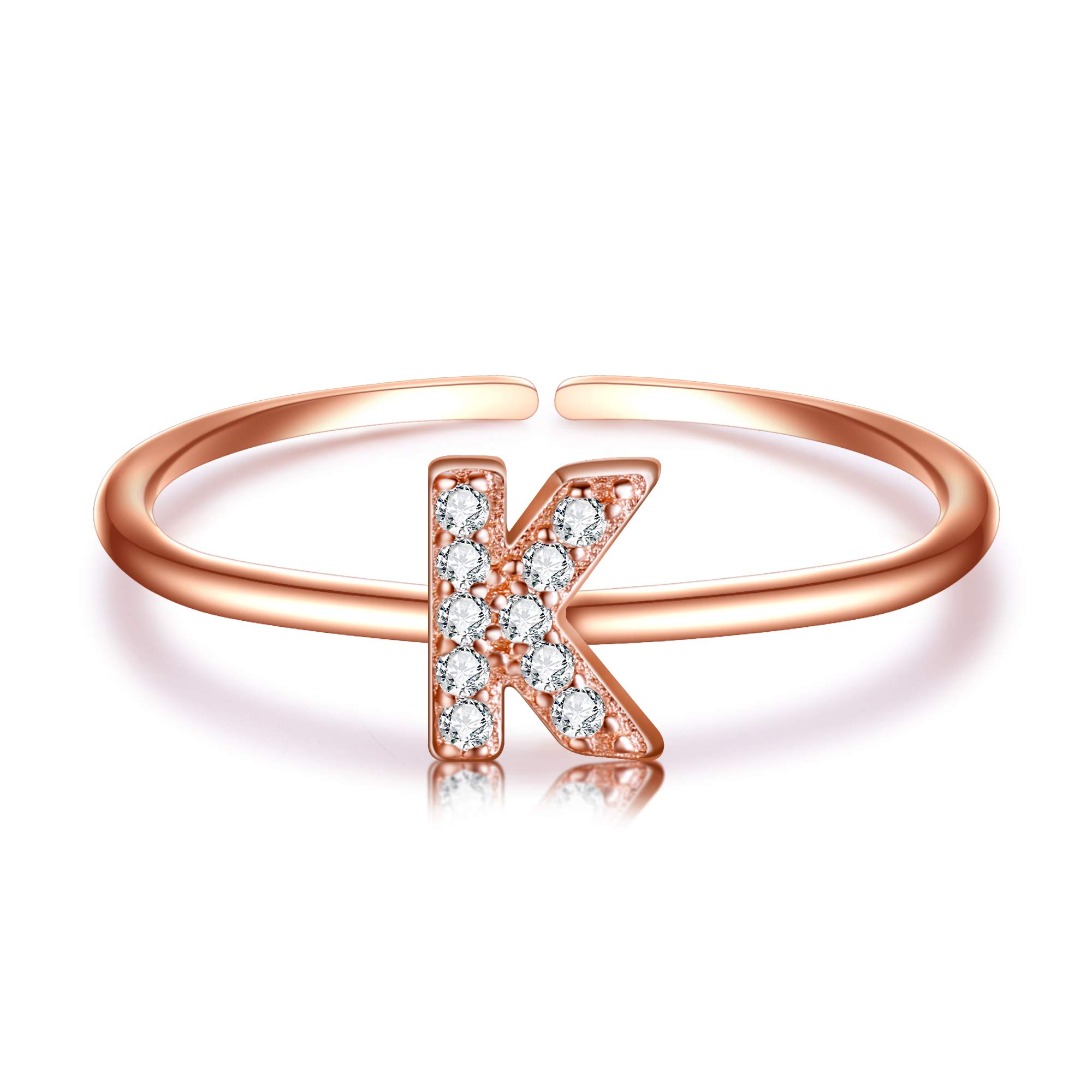 EleQueen14K Rose Gold Plated Stackable Initial Letter K Ring 925 Sterling Silver Alphabet Ring Fashion for Women Girls