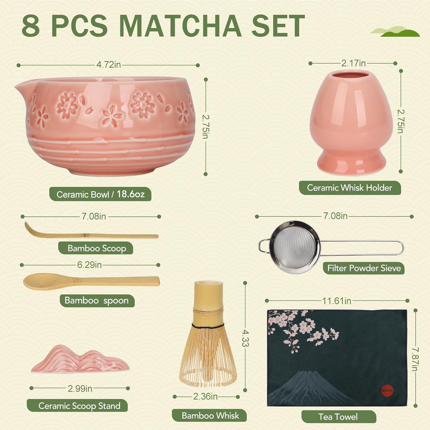Matcha Whisk Set, Ceramic Bowl with Spout, Bamboo Matcha Whisk & Spoon, Chasen Holder, Scoop Rest, Sifter, 8-Pcs Japanese Ceremony Matcha Powder Kit–Valentine's Day Gift for Women-Pink