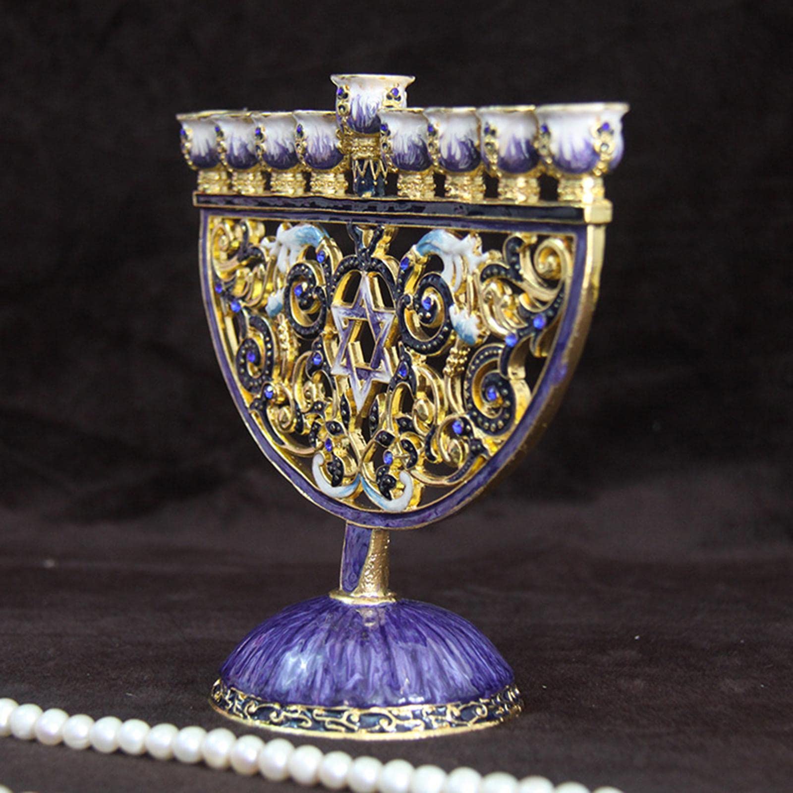 Menorah Candelabro Brazos en Metal Esmalte Adornado Motivo Floral Pintado Detalles de Cristal Adecuado para Oración Religiosa Sinagoga y