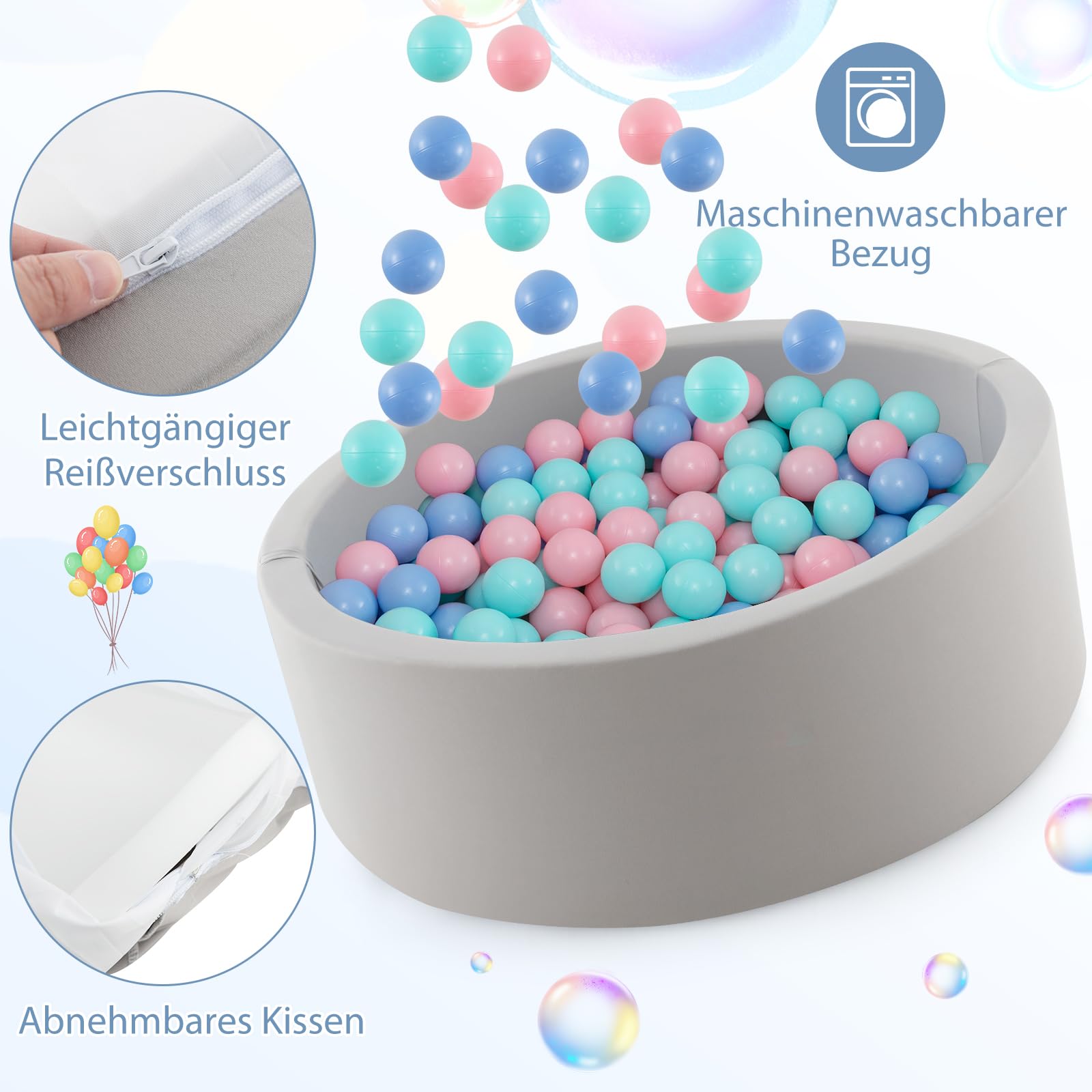 COSTWAY Basen z piłkami z 200 piłkami, basen z piłkami 90 x 30 cm, w zestawie zdejmowana mata podłogowa i poszewka nadająca się do prania w pralce, okrągłe doły z piłkami, grubość 5 cm, szary