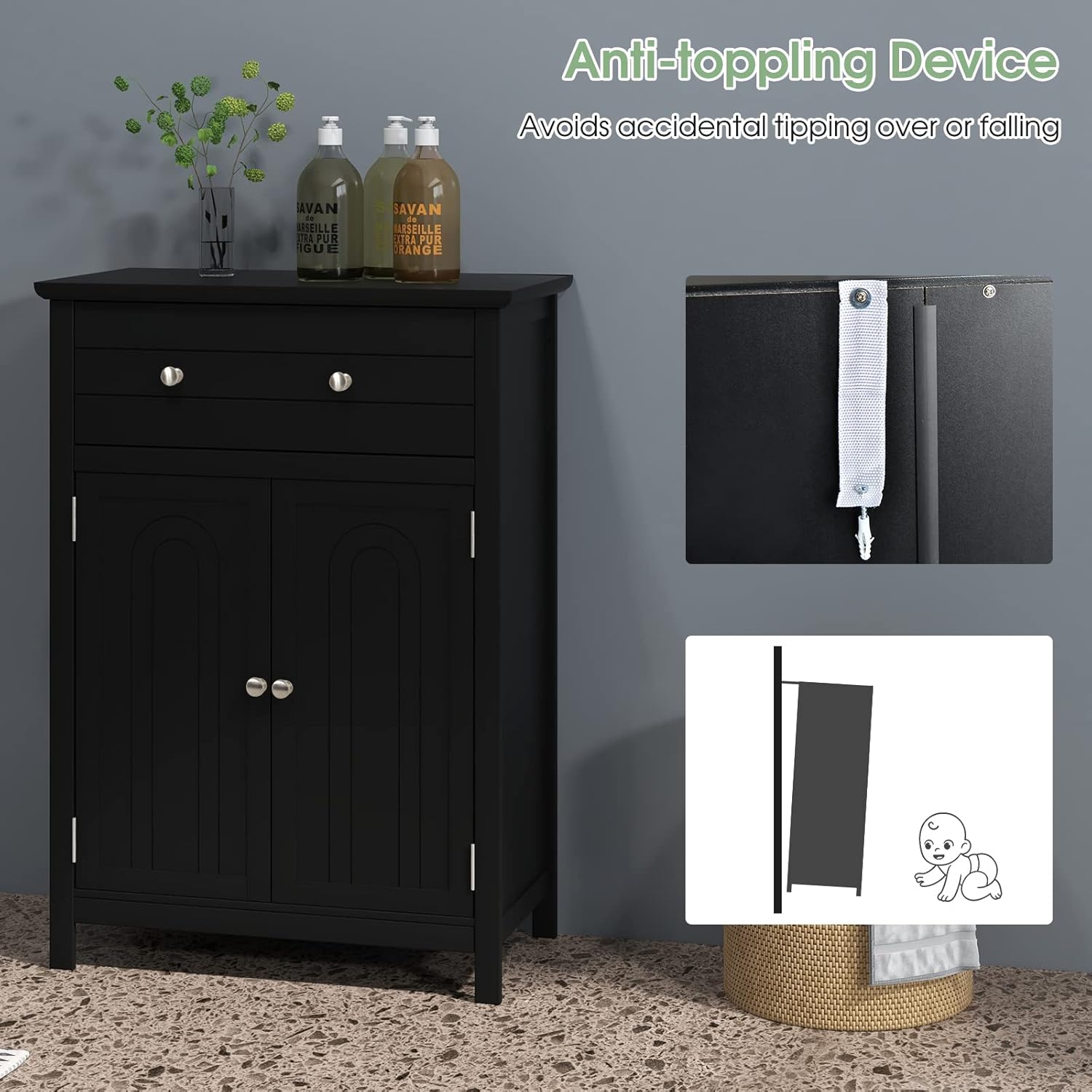 LOKO Bathroom Floor Cabinet, Kitchen Storage Cabinet with 1 Drawer, 2 Doors & 3-Position Adjustable Shelf, 2-Door Floor Storage Cabinet for Bathroom, Living Room, Entryway (Black)