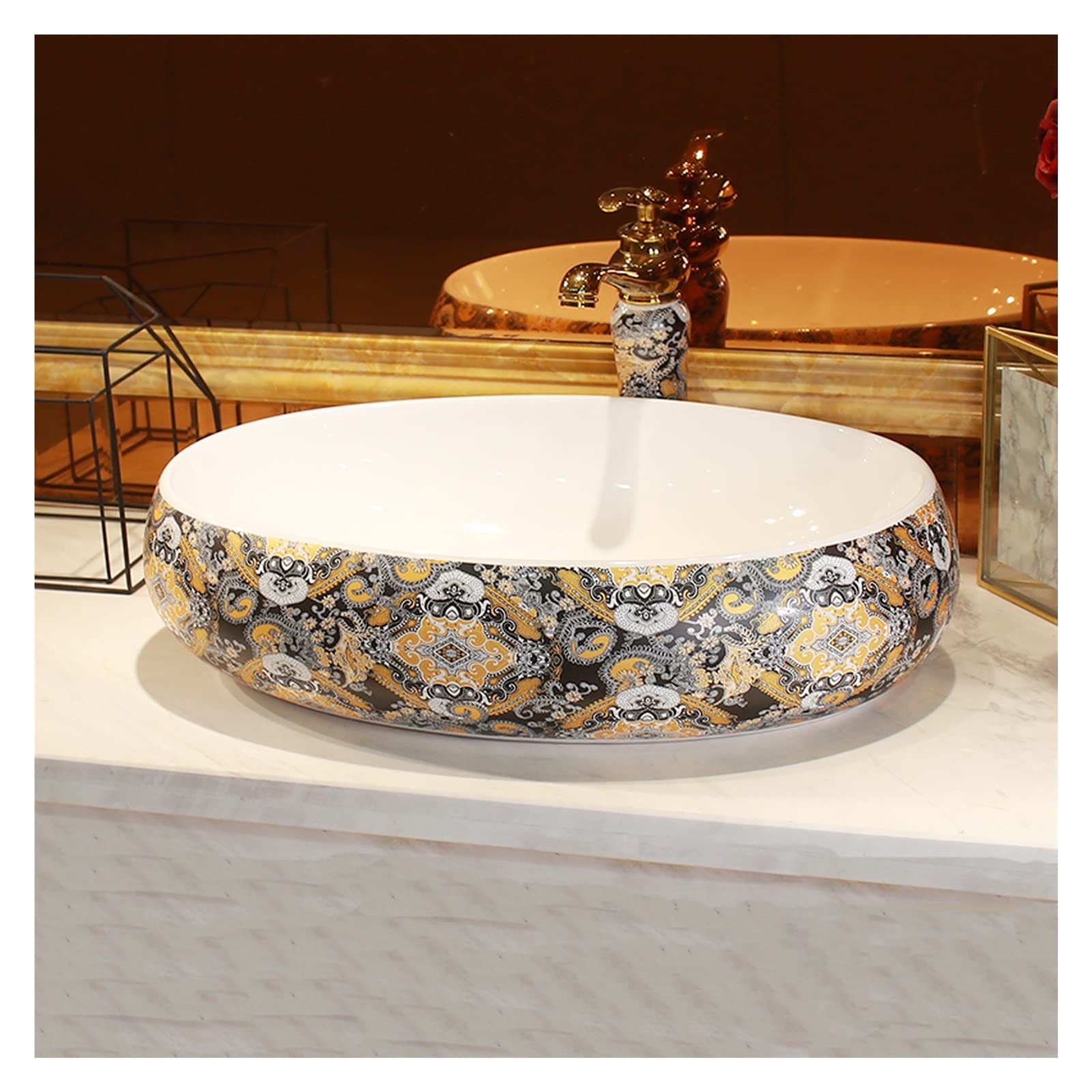 Sjdopulse Oval Vessel Sink And Faucet Combo, Fashion Bathroom Artistic Porcelain Bowl Art Basin, Above Counter Lavatory Vanity Sink For Bar Cloakroom (60 * 41Cm)