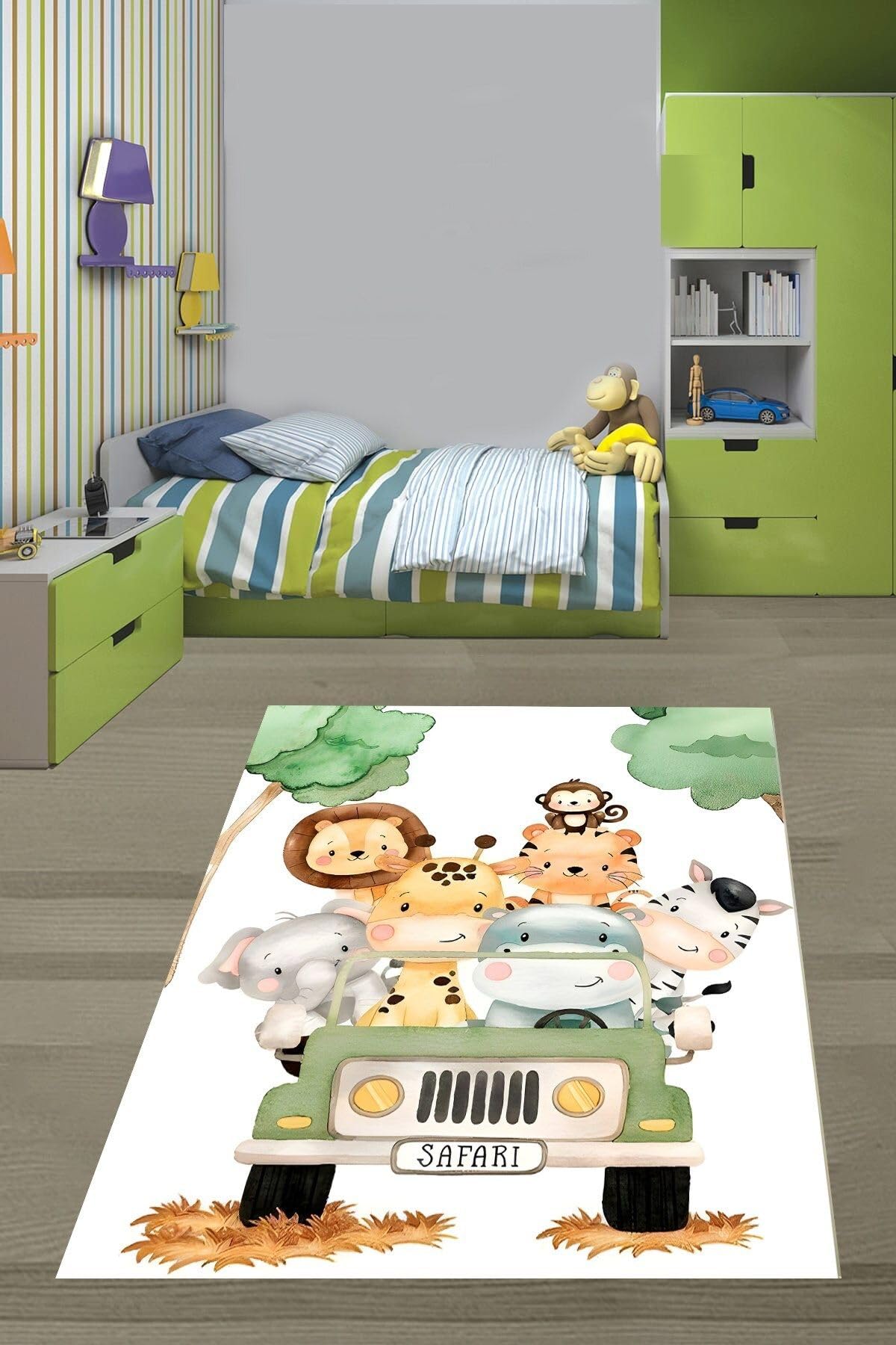 Pelangi Safari Hayvanlar Fil Aslan Zürafa Yıkanabilir Kaymaz Taban Leke Tutmaz Çocuk Odası Halısık, Yeşil-Beyaz-Gri 160 x 230, 76420041602301