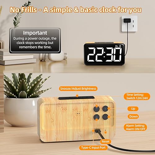 Miniatura 6 de NOKLEAD Reloj despertador digital para dormitorio pantalla LED grande de 5.9 pulgadas, repetición de 9 minutos, 2 niveles de volumen, 5 brillo, 1224