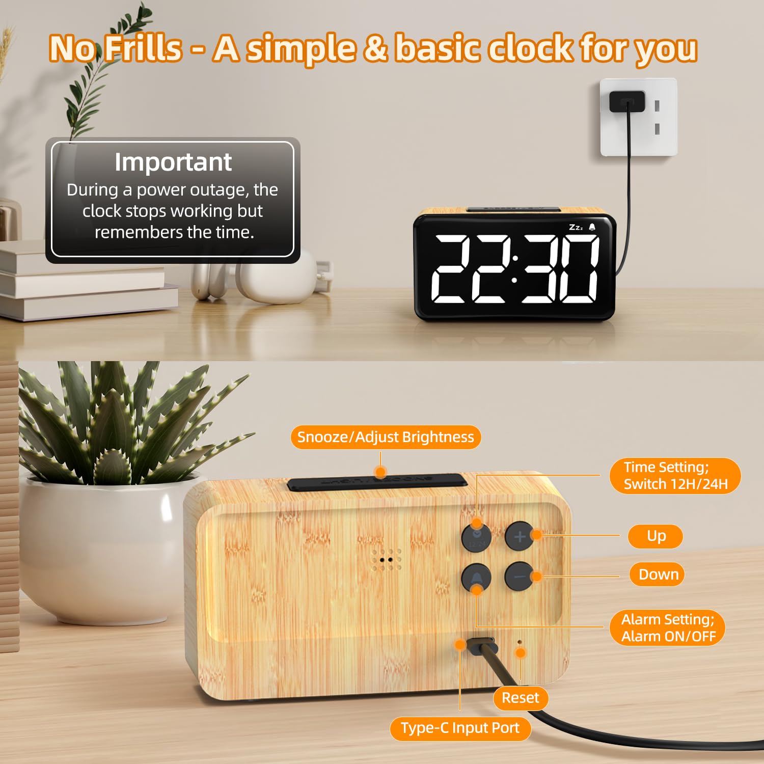 NOKLEAD Réveil numérique pour Chambre à Coucher : Grand écran LED de 15 cm, Fonction Snooze de 9 Minutes, 2 Niveaux de Volume, 5 Niveaux de luminosité, 12/24 Heures (Light Wood Grain)