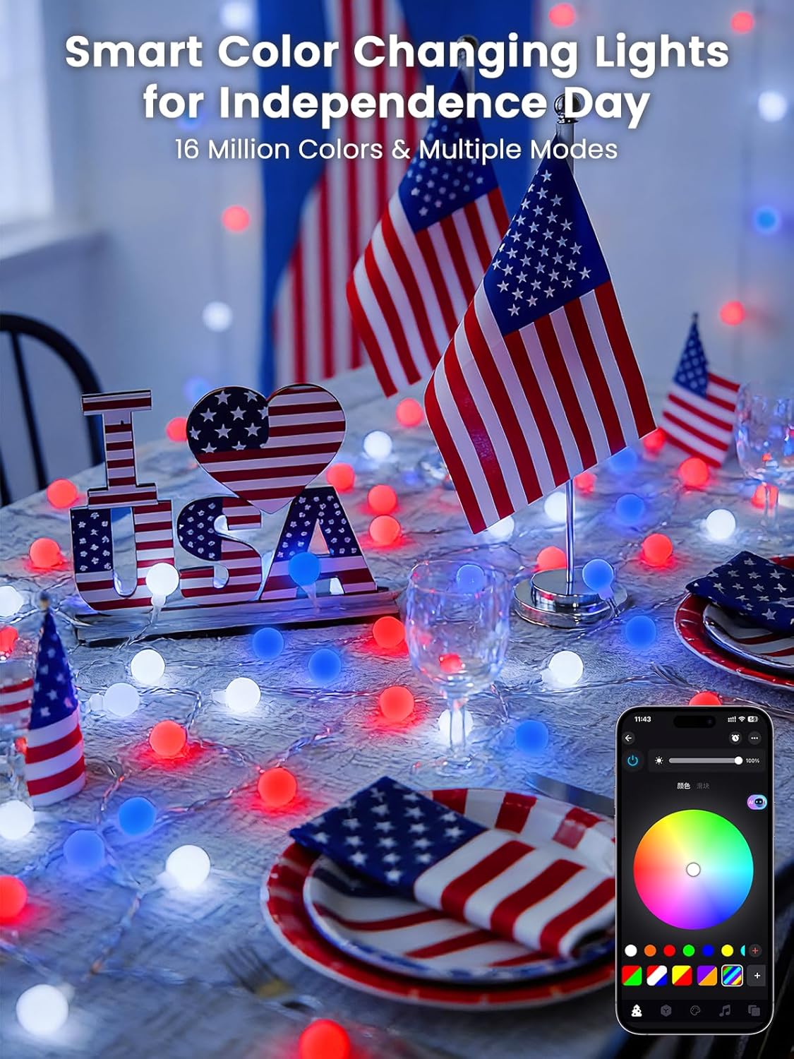 46ft Smart Color Changing Red White and Blue String Lights Outdoor Indoor | 100LED 4th of July Decorations App Control with Remote, Globe Patriotic American Flag Lights for Independence Memorial Day