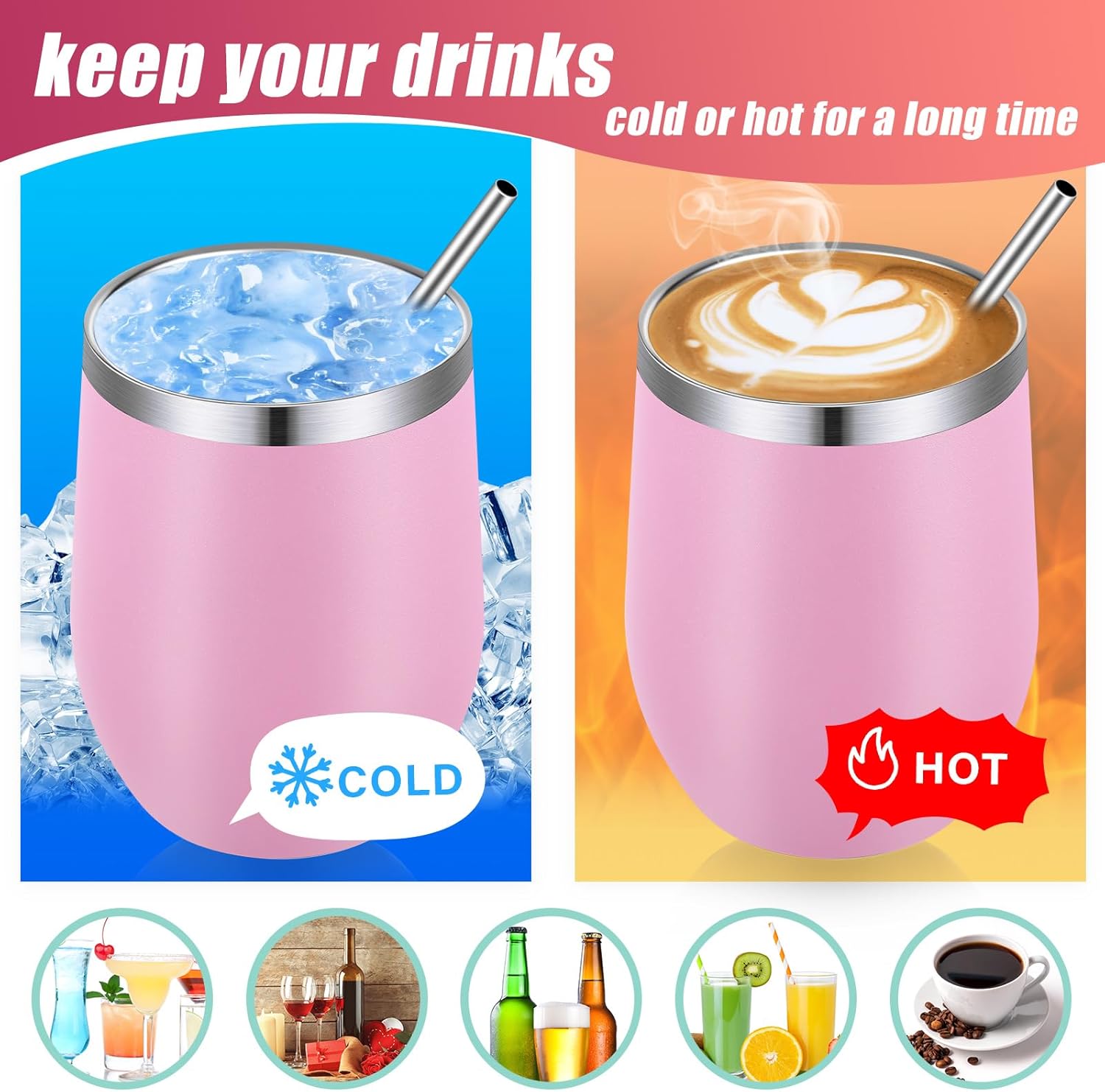 16 Pack Stainless Steel Wine Tumblers 12 oz Insulated Vacuum Wine Cup Set Double Wall Stainless Steel Stemless Mug Glasses for Coffee Soda Whiskey Outdoor Travel (Pink) - Image 4