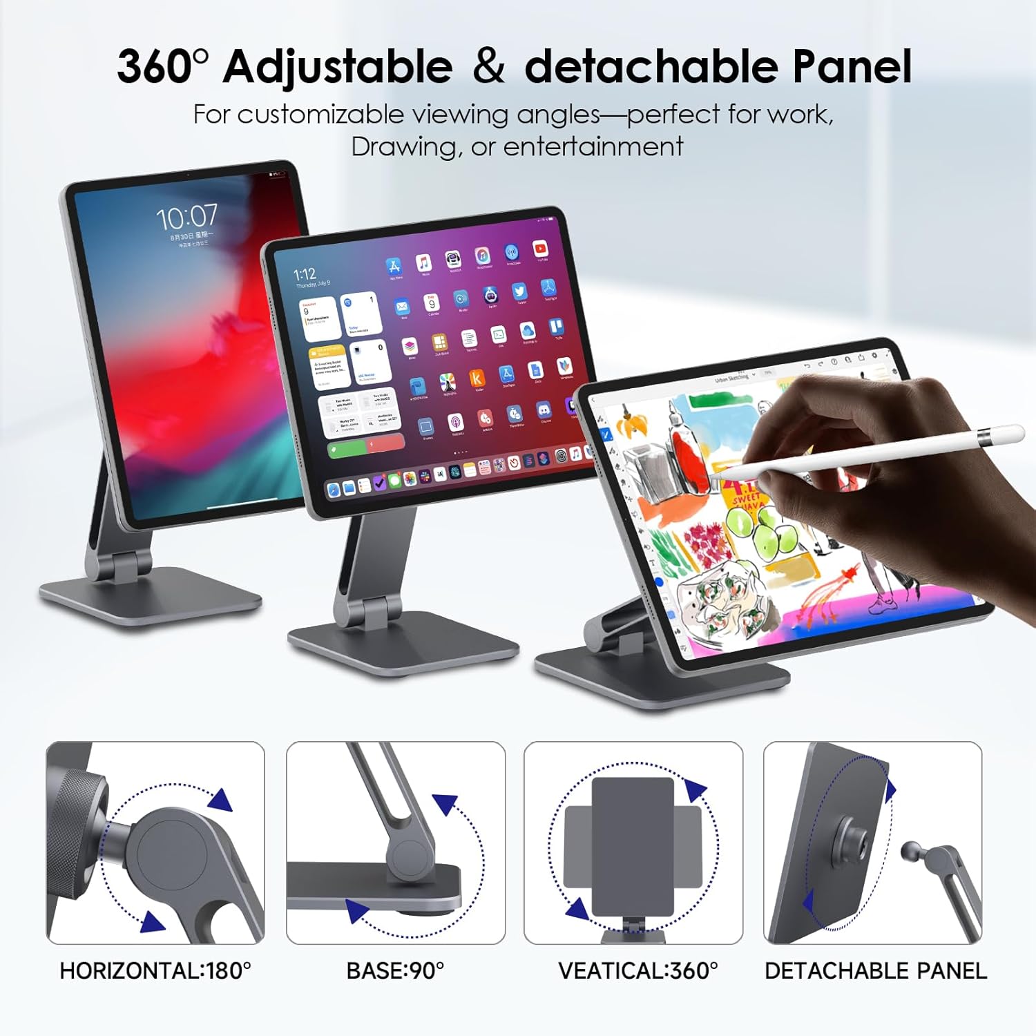 Magnetic iPad Stand for Desk, 360° Adjustable Aluminum Holder, Portable Folding for Office, Kitchen, Drawing, Gaming, Compatible with iPad Pro 11" 4th/3rd/2nd Gen, Air 11/10.9" M3/M2/M1 - Gray