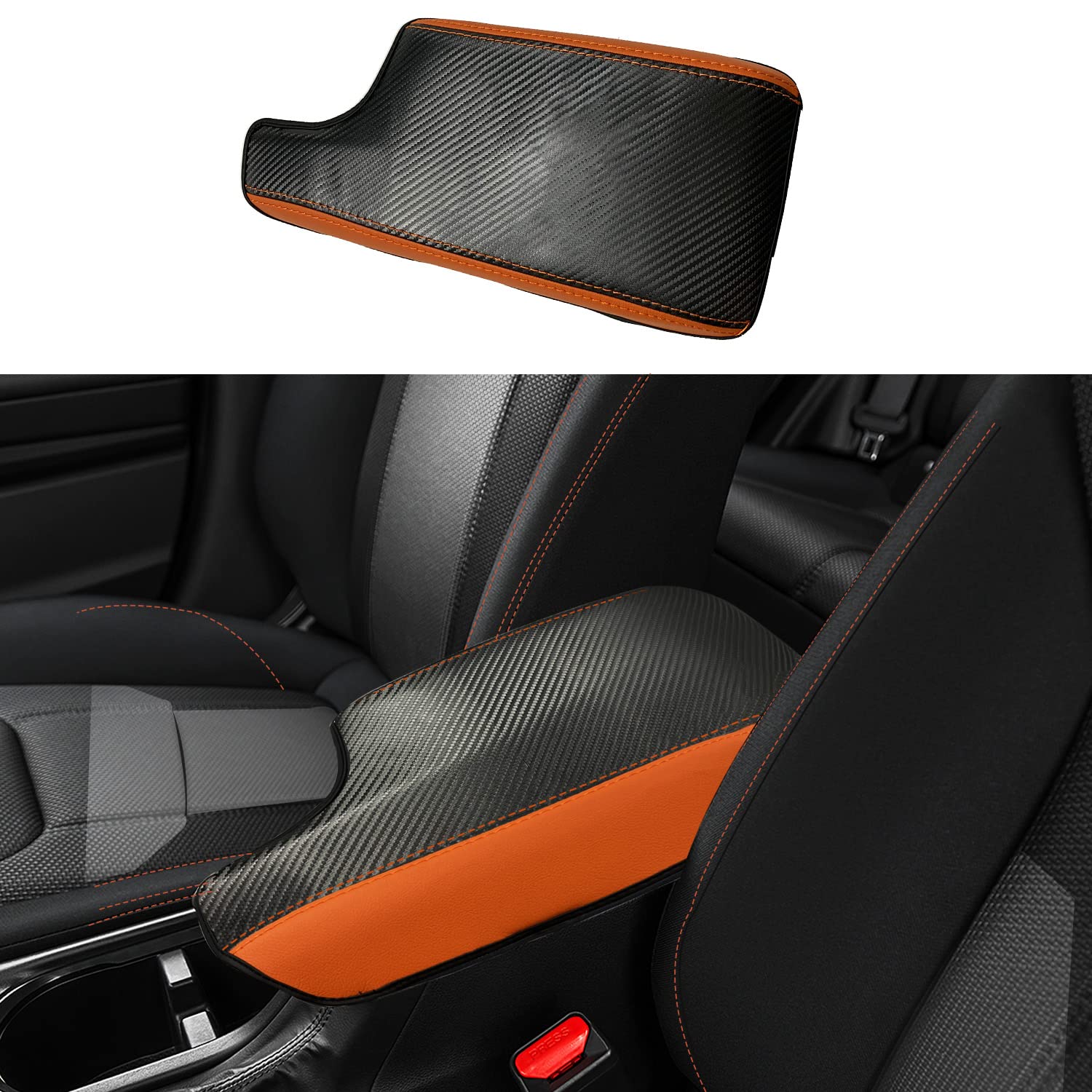 XYHGMDecoration Accessories Scratch Prevention Protector Car Center Console Armrest Cover for 2018-2020 2021 2022 2023 Subaru Crosstrek Leather Arm Rest Box Lid Cover (Carbon Fibre+Orange Leather)