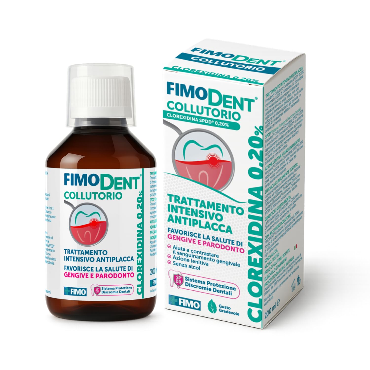 Fimodent Collutorio - Clorexidina 0.20% con SPDD (Sistema Protezione Discromie Dentali) e gradevole gusto menta - Trattamento antiplacca e antibatterico intensivo - 200ml
