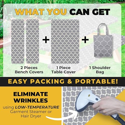Miniatura 81 de RNOONY Funda de mesa de picnic de poliéster de 8 pies con fundas de banco, resistente al viento y al agua, perfecto para regalos de campamento