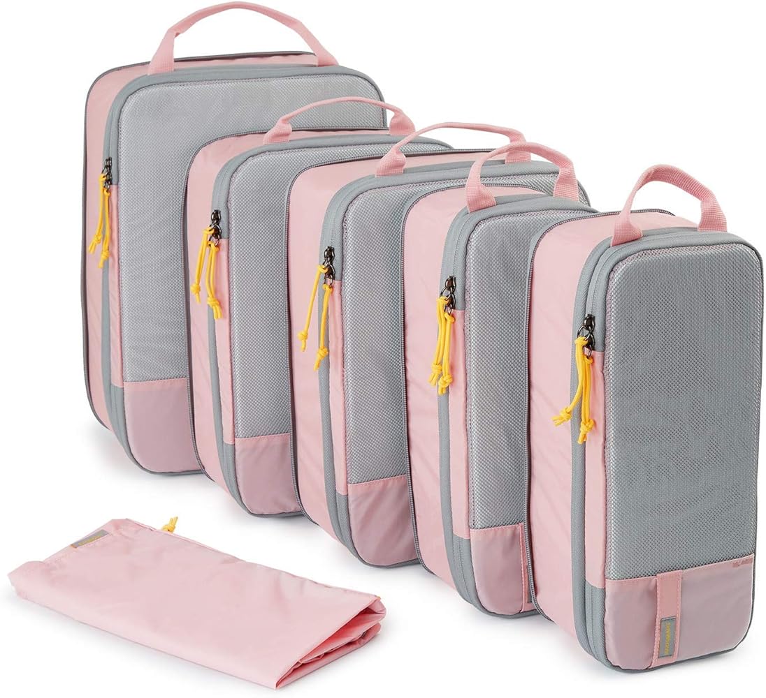 BAGSMART 2/4/6-Piece Compression Packing Cubes Set for Suitcases Backpack, Travel Organisers Bags for Luggage, Holiday Travel Essentials Accessories, Baby Pink
