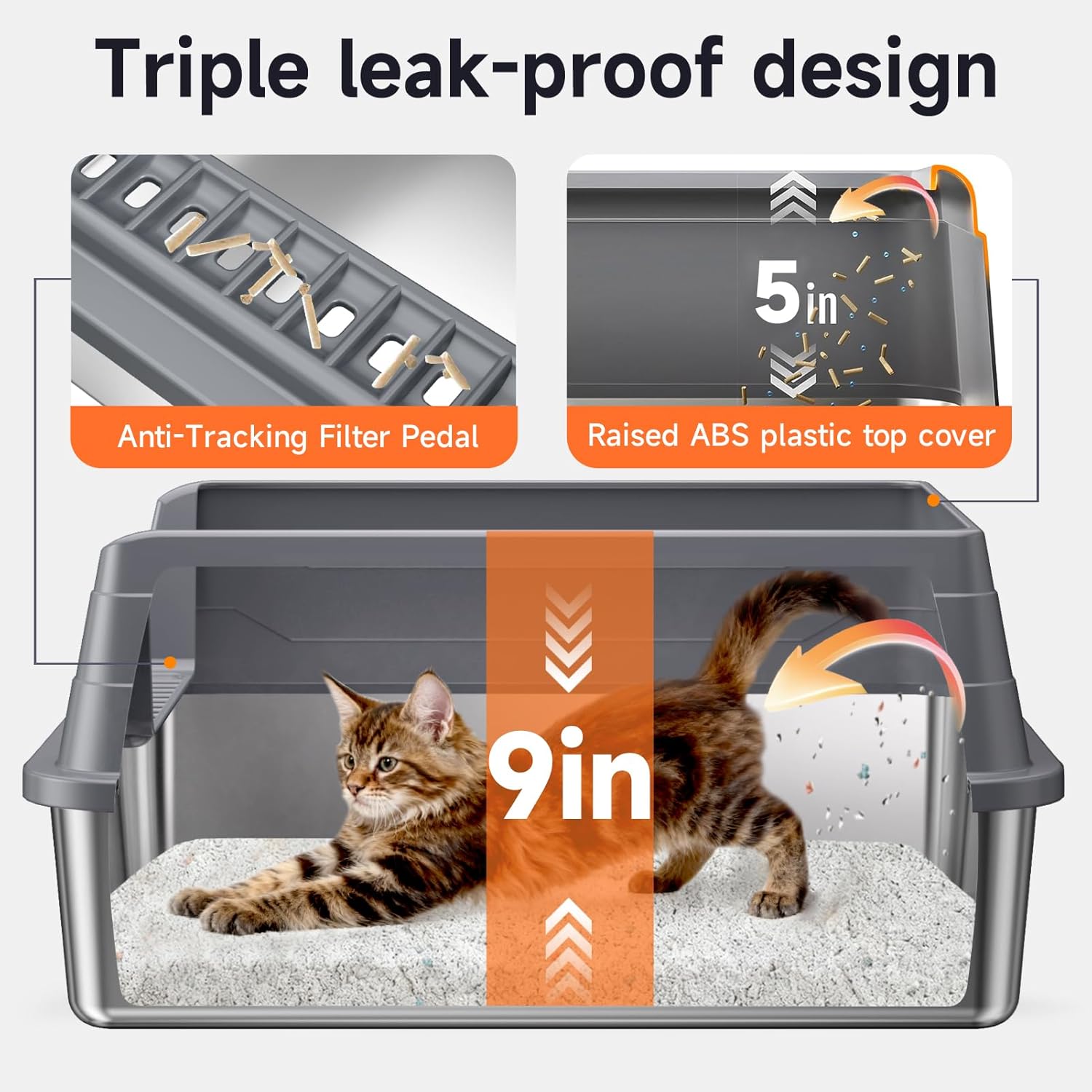 Stainless Steel Cat Litter Box, Odor Free Metal Litter Box with High Sides Lid, Open Top Low Entry Litter Pan Include Scoop Easy Cleaning Anti-Scratch Kitty Cat Box Anti-Urine Leakage, Non-Sticky Medium Dark Grey(17.5 in)