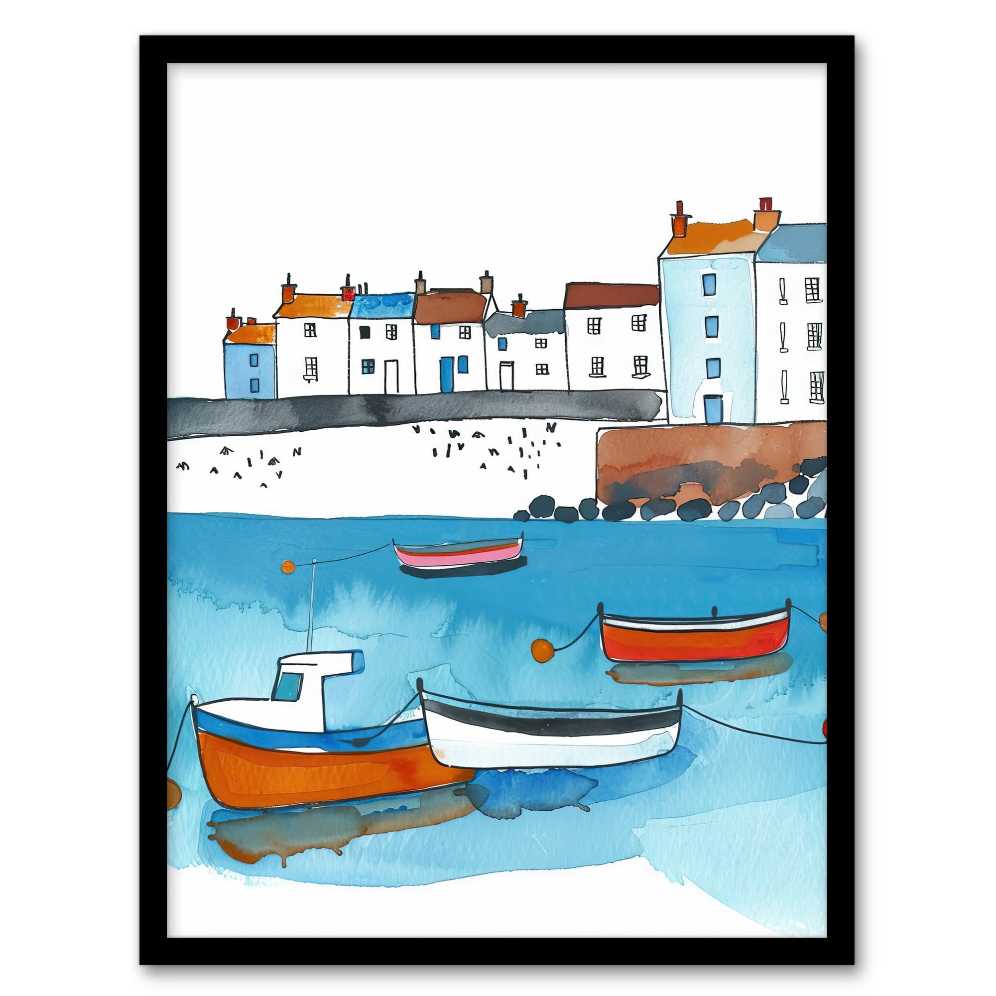 Artery8 St Ives Bay Boats Coastal Cityscape Watercolour Bathroom Toilet Artwork Framed Wall Art Print 18X24 Inch