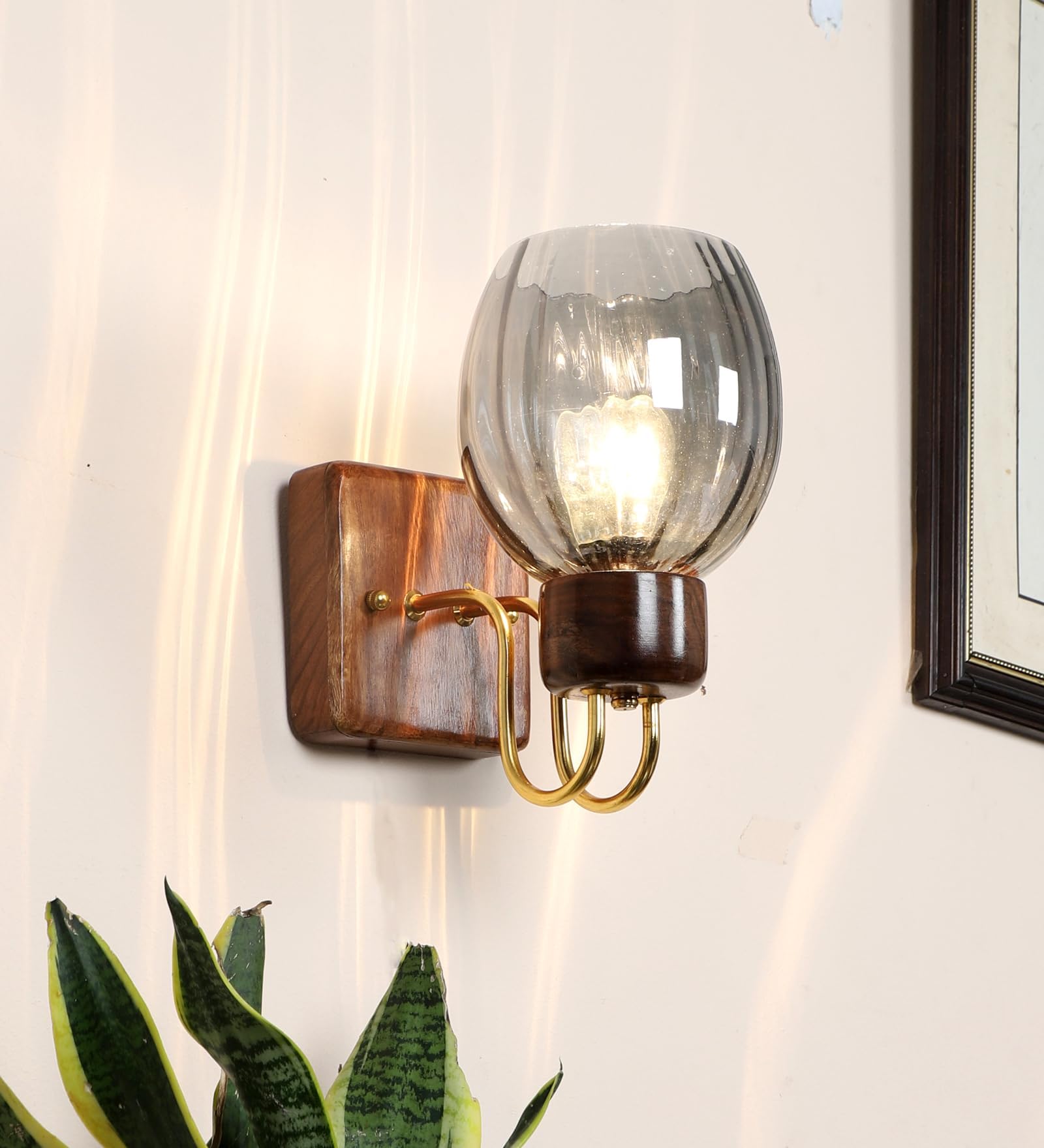 Green House Handmade Sheesham Wood Wall Light/Lamp with Gold Plated Metal Bands, Brass Rivets, Black Smoke Glass, E27 Bulb Base(Bulb not Holder) for Home/Bedroom/Living Room/Hallway