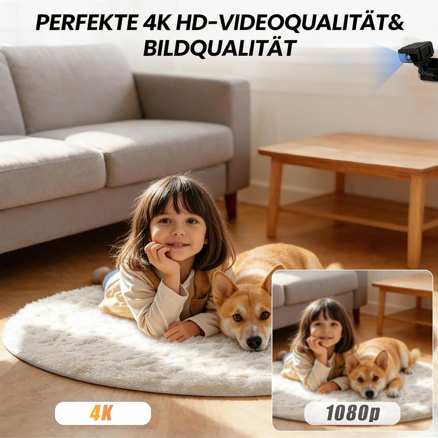 Mini Kamera, 4K WLAN Überwachungskamera Innen Akku mit Netzbetrieb – WLAN Überwachungskamera mit 150° Ultra-Weitwinkel, PIR-Bewegungsmelder, Nachtsicht, Unterstützung für SD Cart&Cloud-Speicher - 4