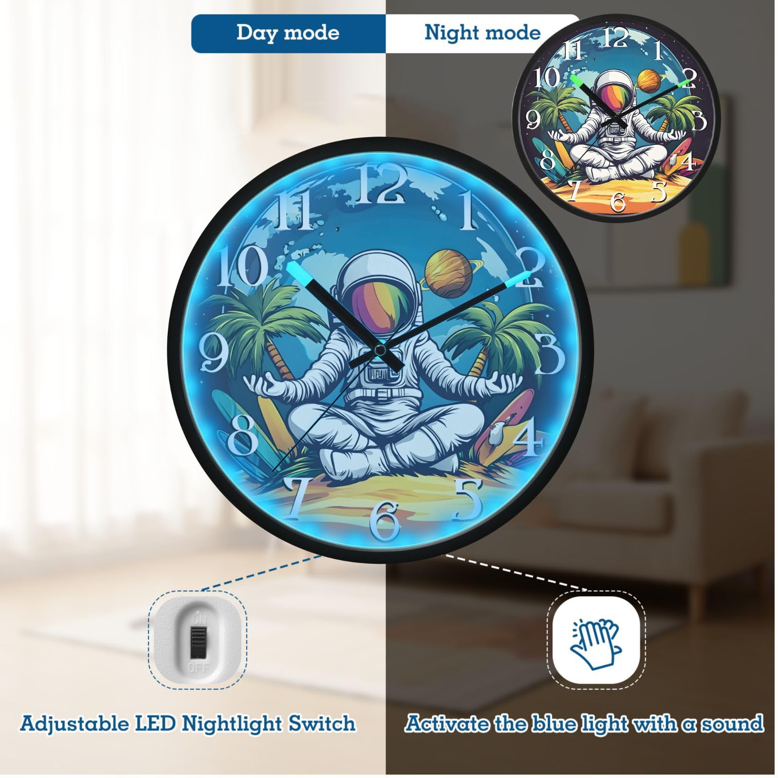 Mnsruu Earth Beach - Reloj de pared luminoso con diseño de astronauta y palmera, funciona con pilas, silencioso, brilla en la oscuridad, para sala de estar, cocina, 12 pulgadas