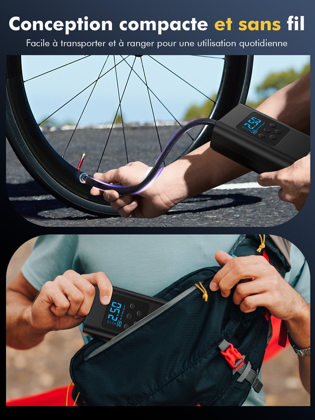 Gonfleur de pneus sans Fil, compresseur d'air Portable 45 L/Min | Pompe à air électrique avec batterie, compresseur pour voiture, moto électrique avec lumière LED, 6000 mAh, 4 modes