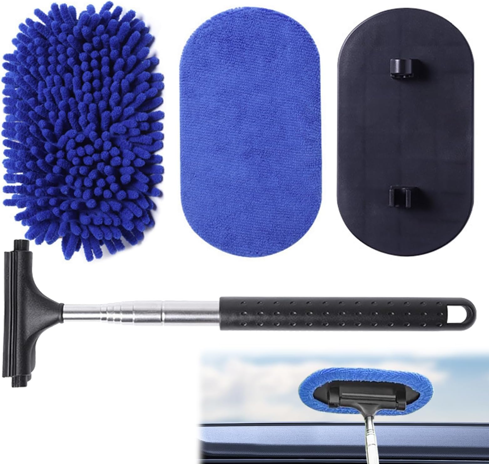 Car Windshield Cleaner Tool, 180° Rotating Head Windshield Cleaner Tool Extendable Window Cleaning Kit Demister Tool with 1 Cleaner Pads