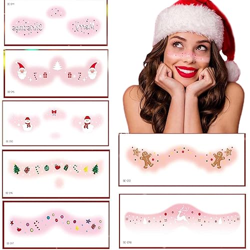 Miniatura 1 de 10 hojas de calcomanías temporales de tatuaje facial de Navidad, Papá Noel, muñeco de nieve, ciervo, calcomanías para niños y adultos, maquillaje de