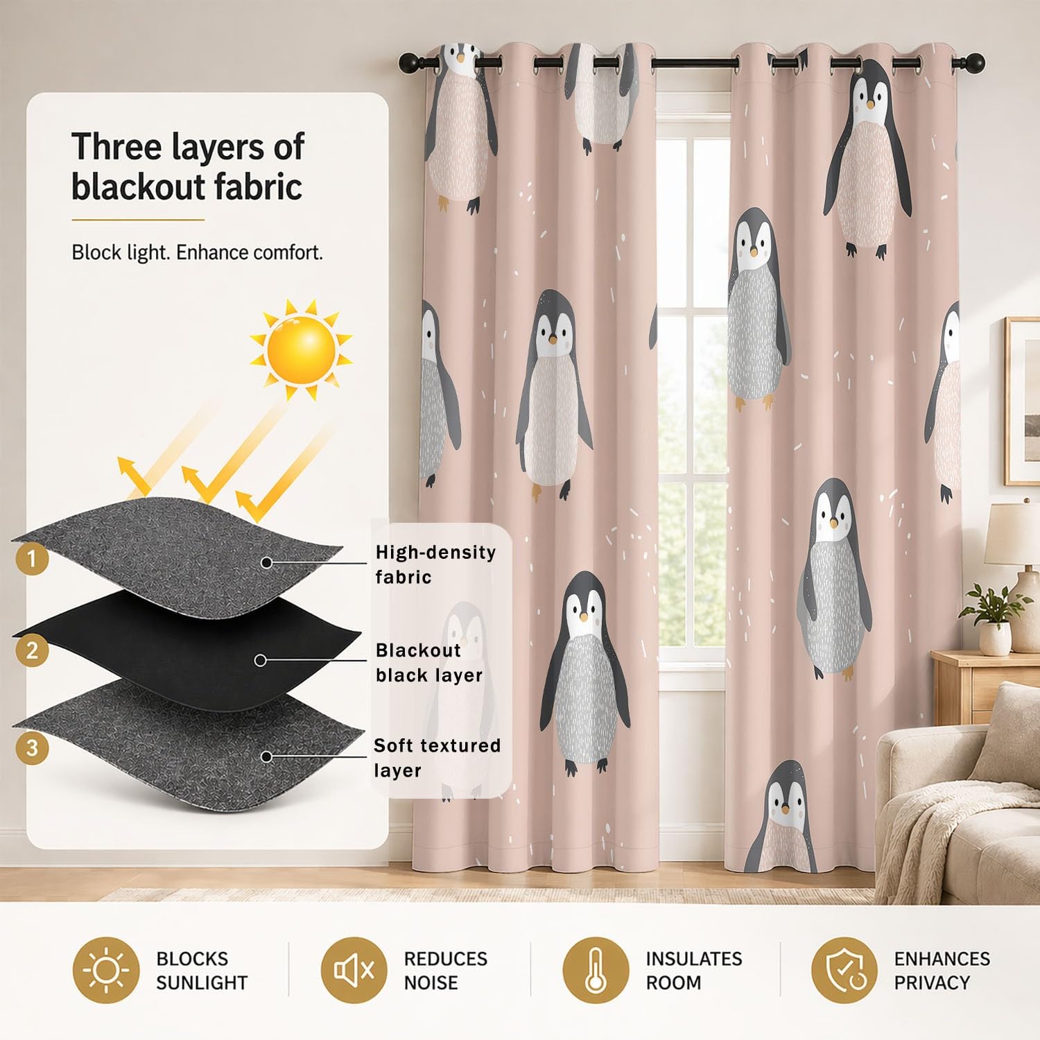 Generisch Süße Pinguine, Winterliche Polartier-Grafik Vorhänge Blickdicht 215 x 140 cm | Gardinen 2er Set - Ästhetisch Sanfter Cartoon, Soft-Nordisch - Verdunkelungsvorhänge für