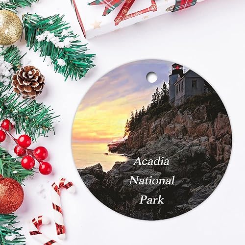 Miniatura 3 de Adornos de bolas de Navidad, faro de puerto bajo, Parque Nacional Acadia, Maine, adornos de cerámica de paisaje de EE. UU., adorno de árbol de