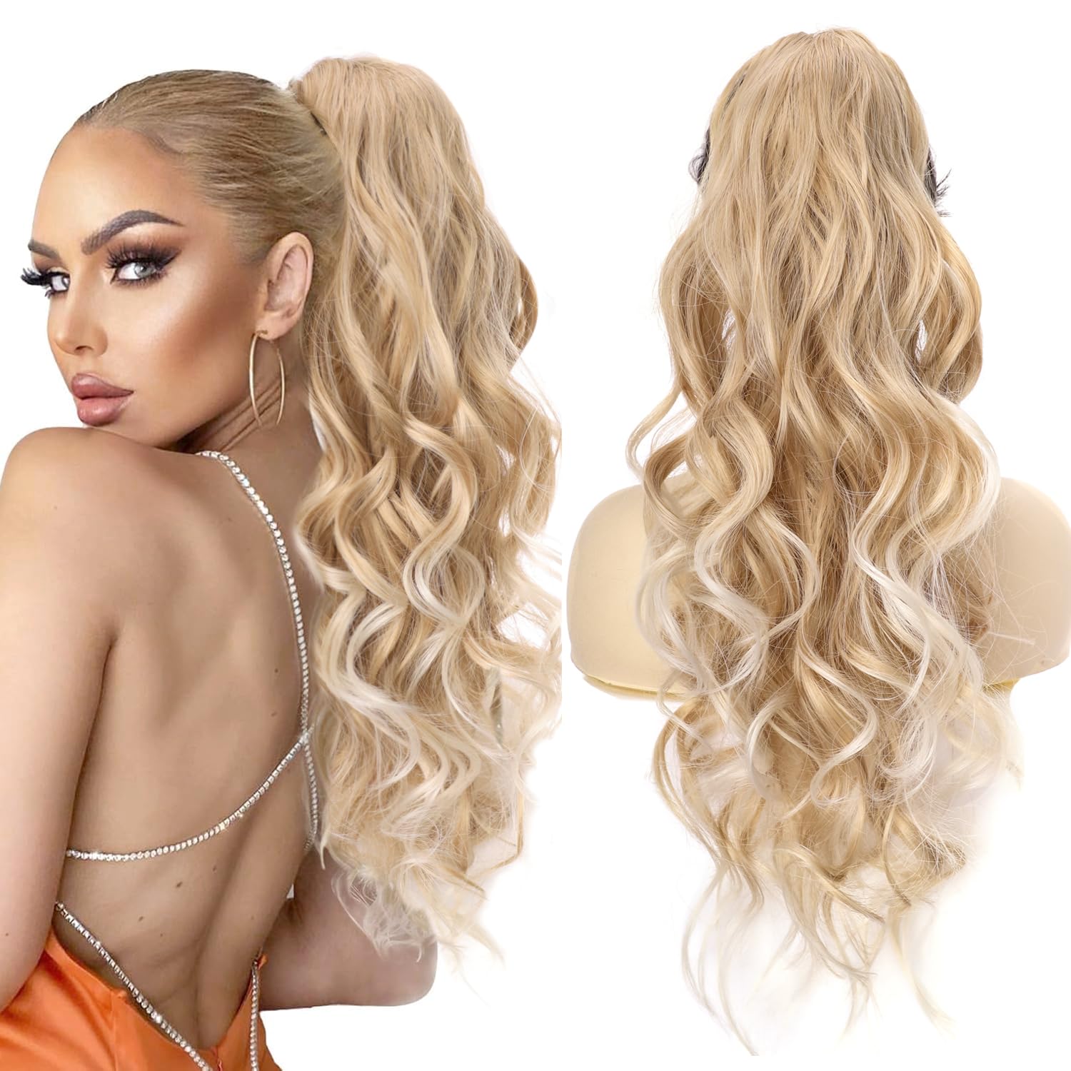 YEESHEDO Long Wavy Ponytail Hair Extension for Women Drawstring Ponytail Hair Extensions Clip in Curly Synthetic Hairpiece (Blonde mix Platinum)