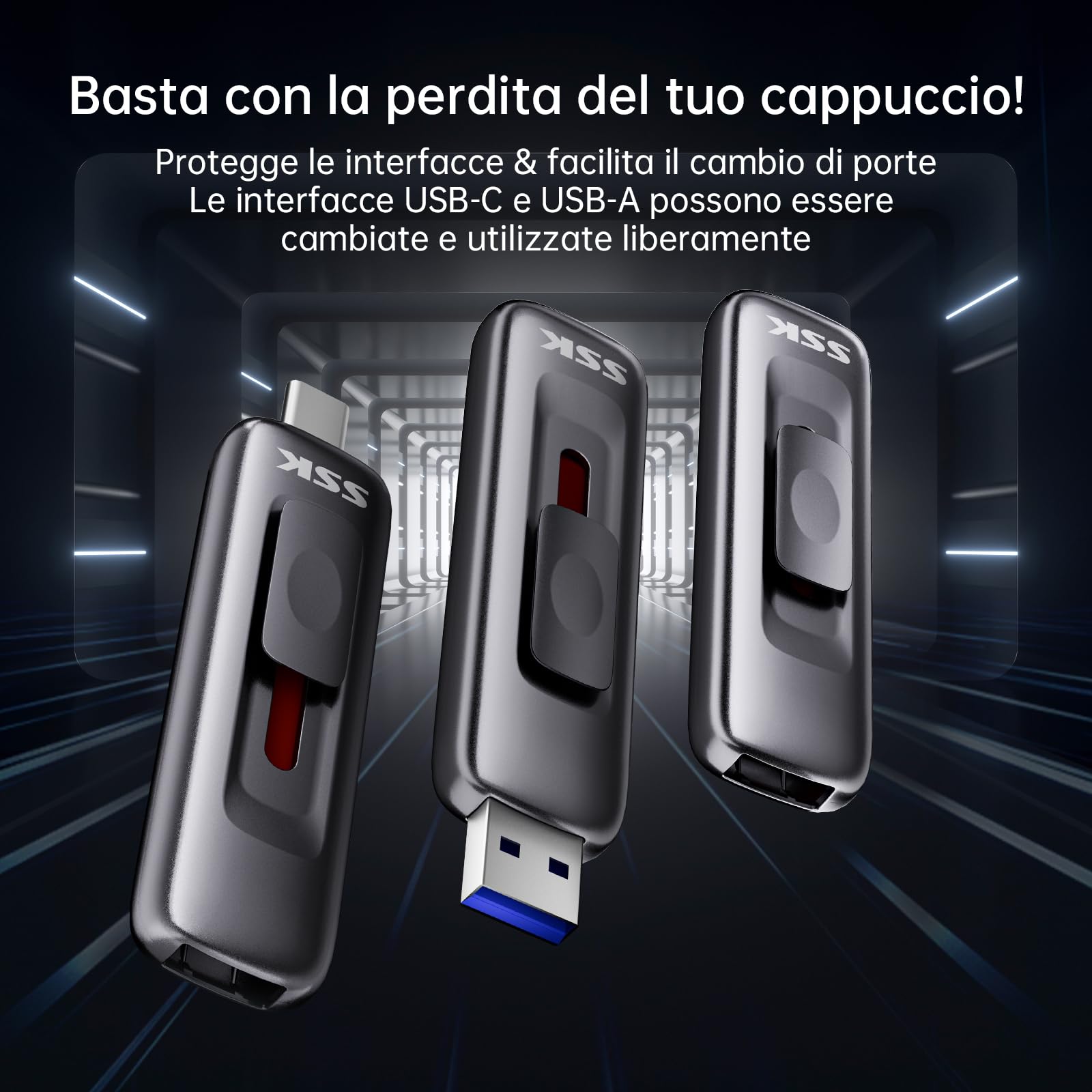 SSK 128GB SSD Portatile Esterno, lettura fino a 560 MB/s, con Connettore Doppio Sliding Type-c + A, Disco Solido USB3.2 Gen2 compatibile con iPhone 15/16/17, Android, Windows, TV