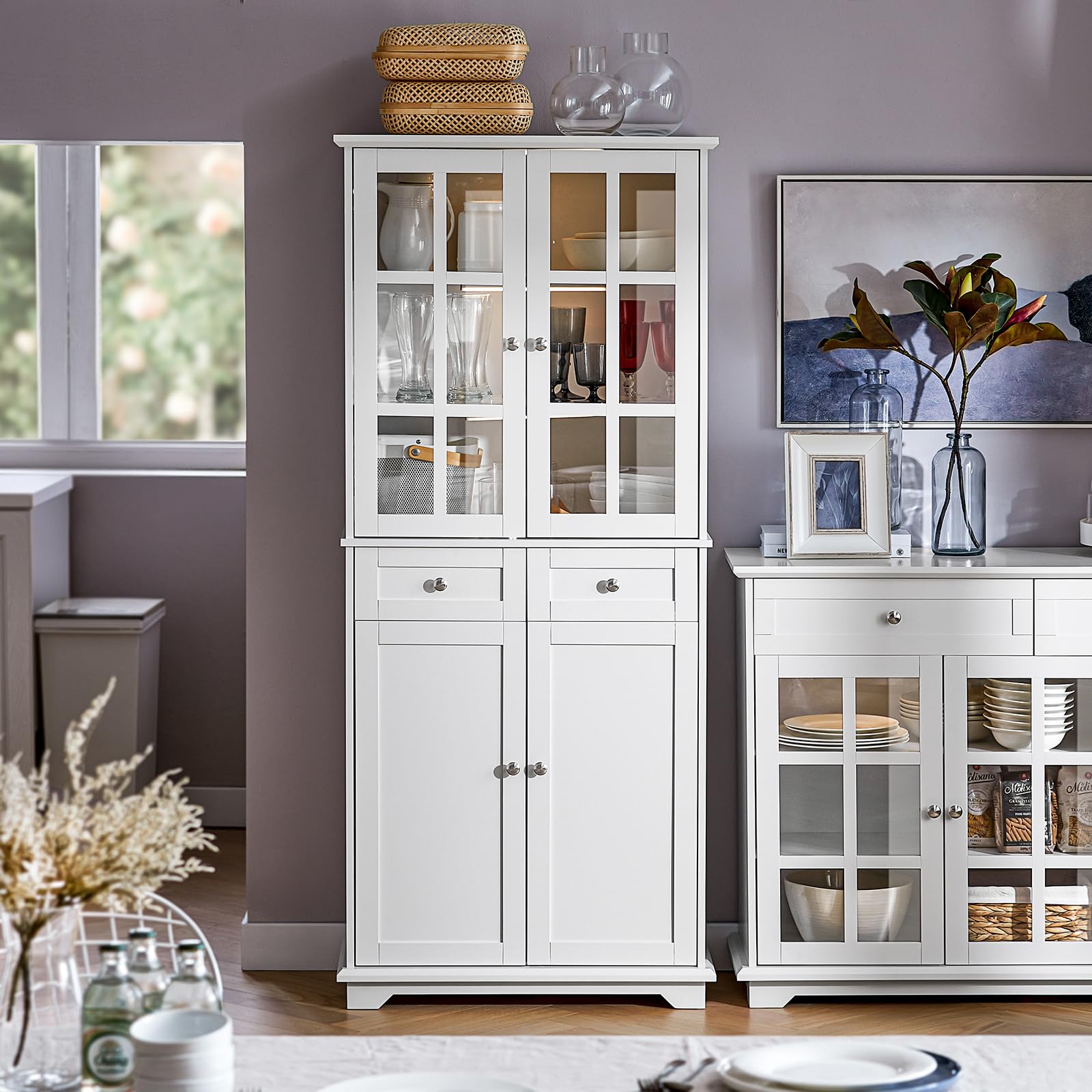 SoBuy Credenza Alta per Cucina Mobile Buffet in Legno con 6 scomparti e 2 cassetti Armadio Dispensa in Stile moderno Bianco 75x40x175cm FSB76-W