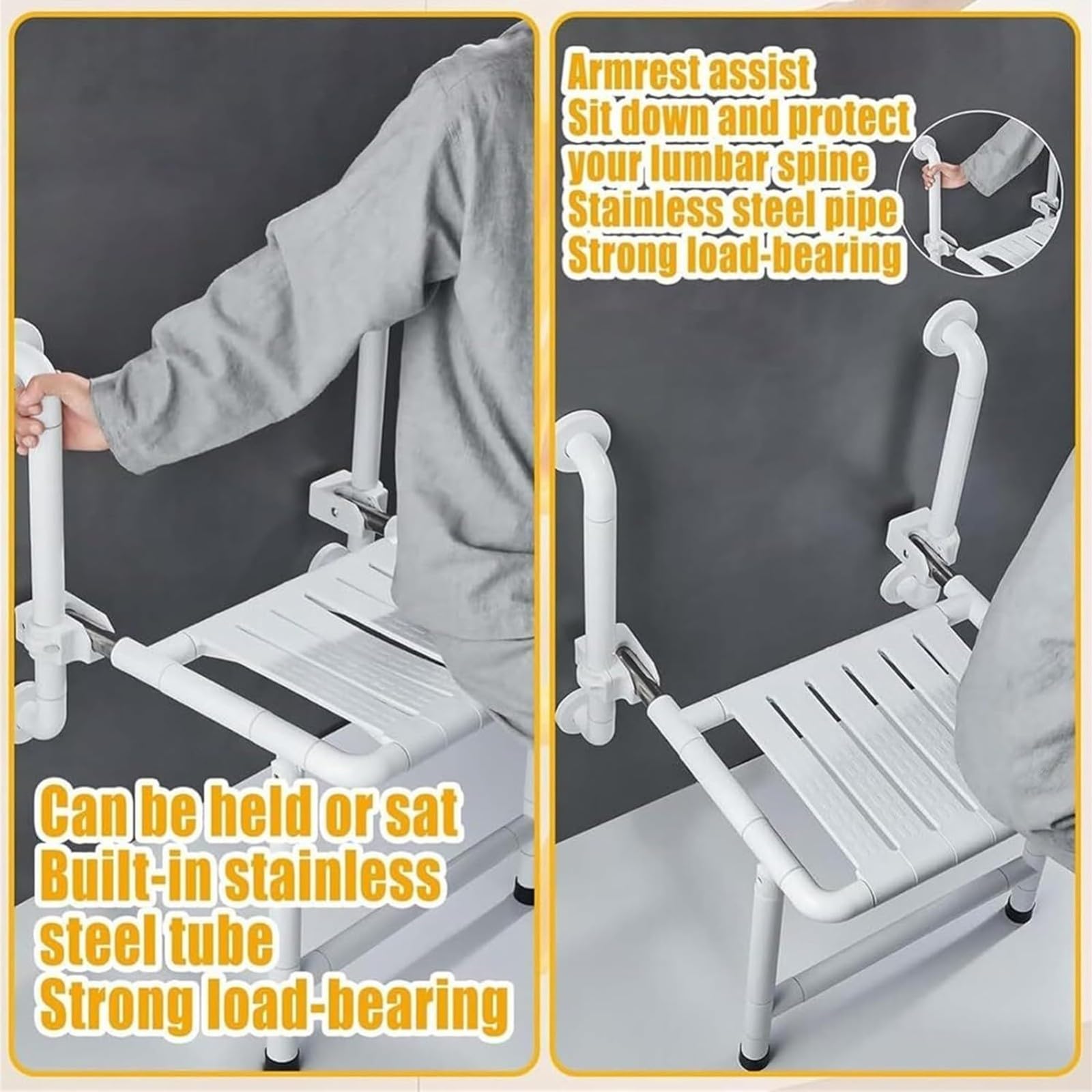 Silla Ducha Plegable,Taburete De Baño,Asiento Ducha Plegable Pared Montada con Reposabrazos,Silla Abatible Ducha Montado En La Pared,Silla Antideslizante Plegable para Discapacitado